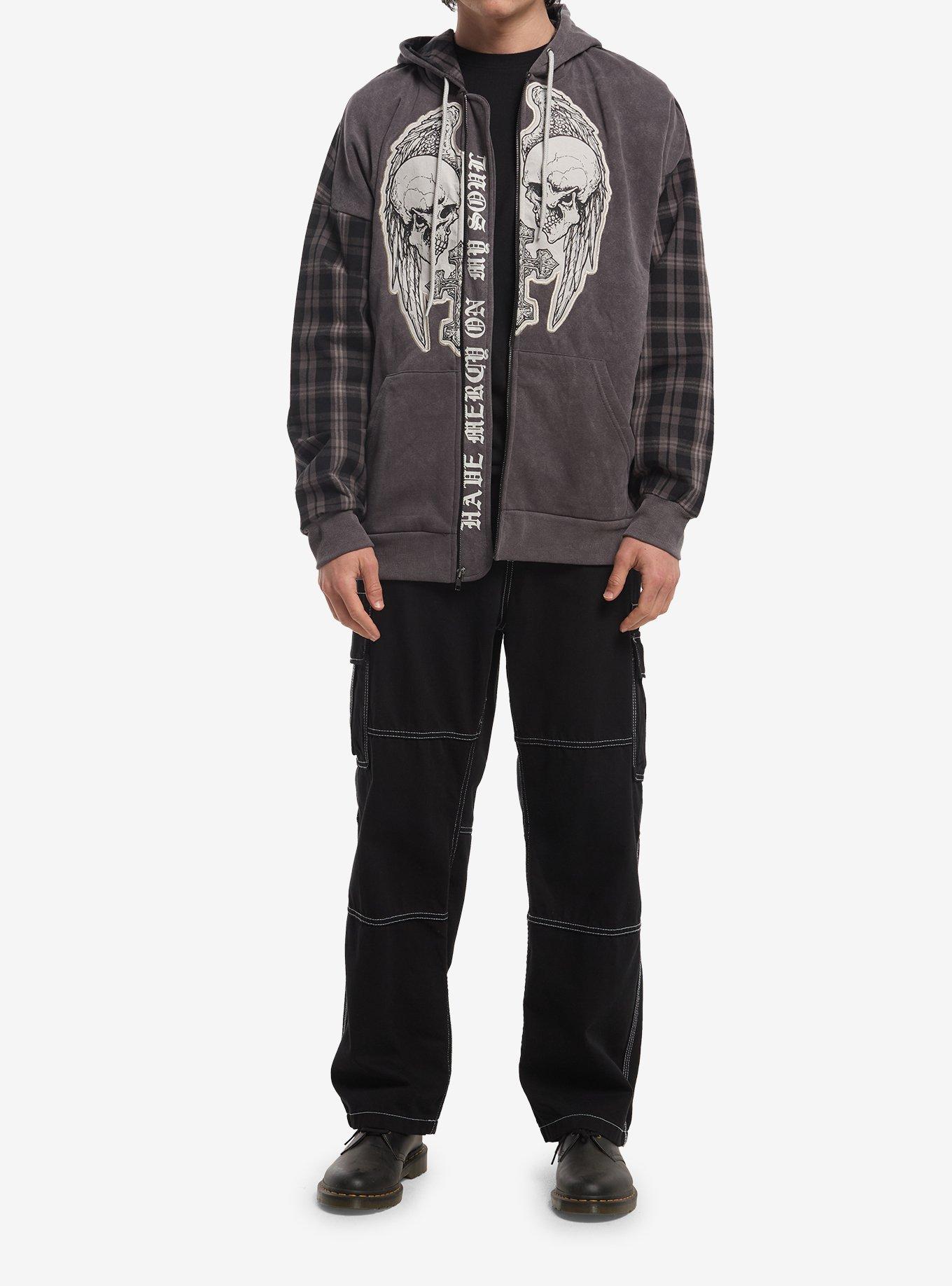 Grey Plaid Skull Wing Cross Hoodie, GREY, alternate