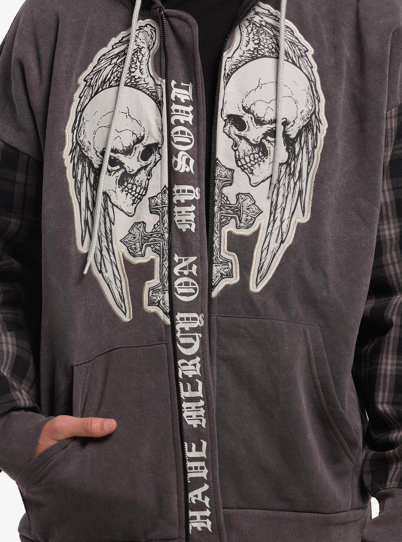 Grey Plaid Skull Wing Cross Hoodie, GREY, alternate