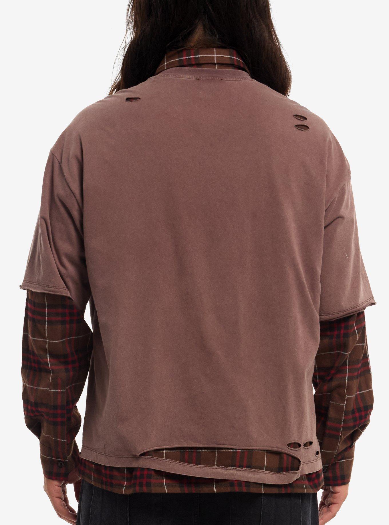 Unforgiving Rib Cage Plaid Distressed Twofer Long-Sleeve Tee, MULTI, alternate