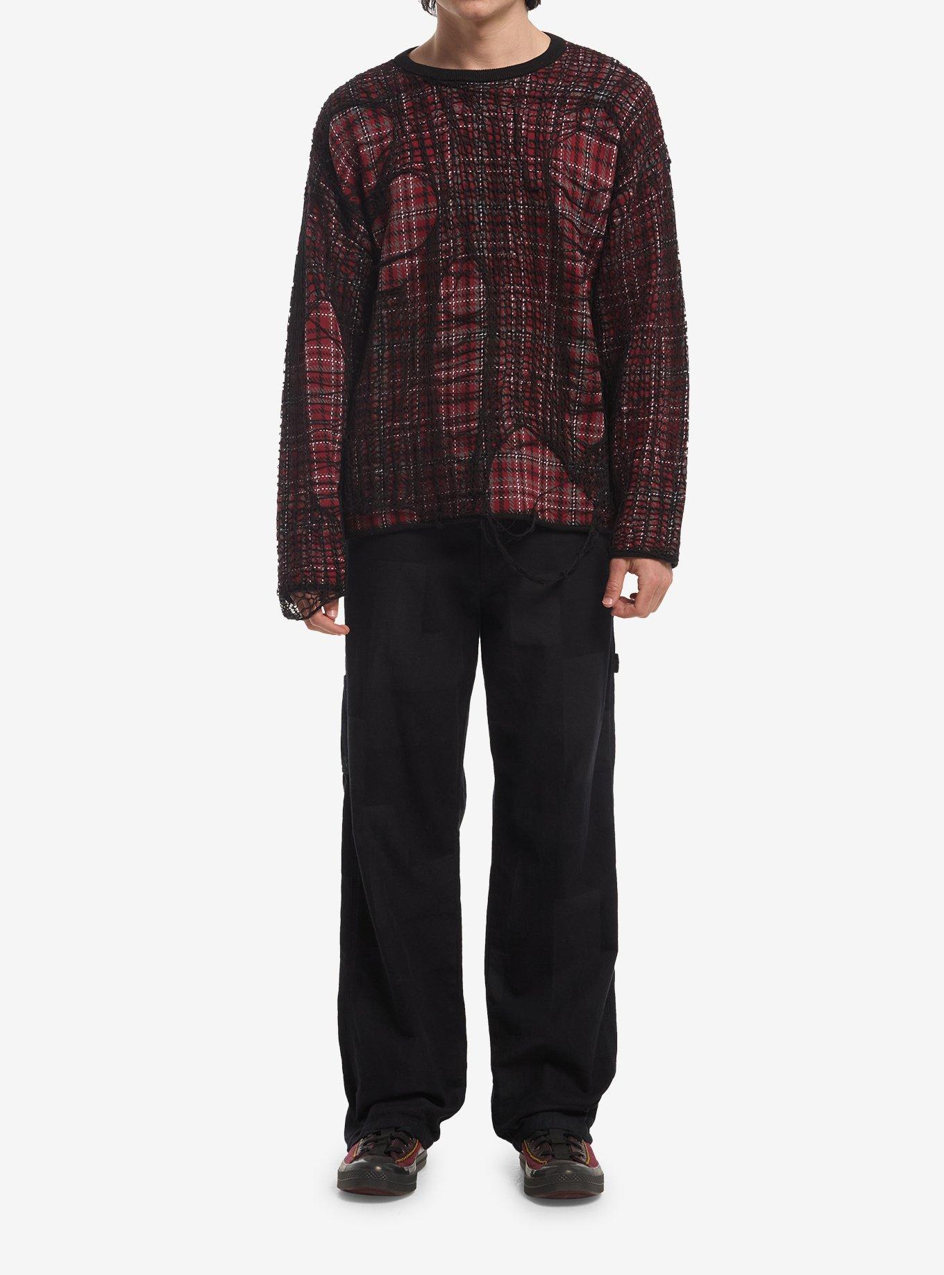 Red Plaid Fishnet Destructed Sweater, , hi-res