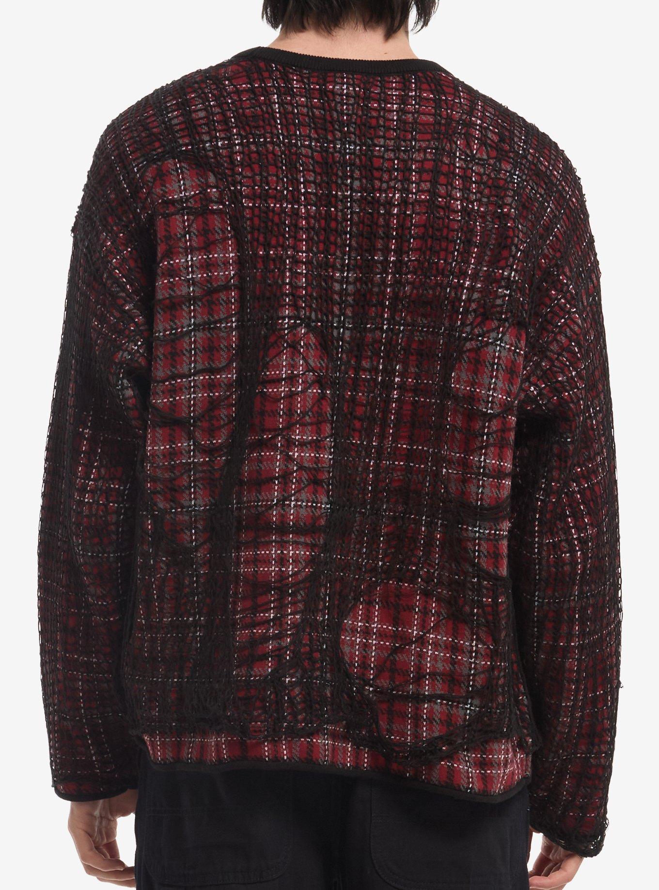 Red Plaid Fishnet Destructed Sweater, RED, alternate