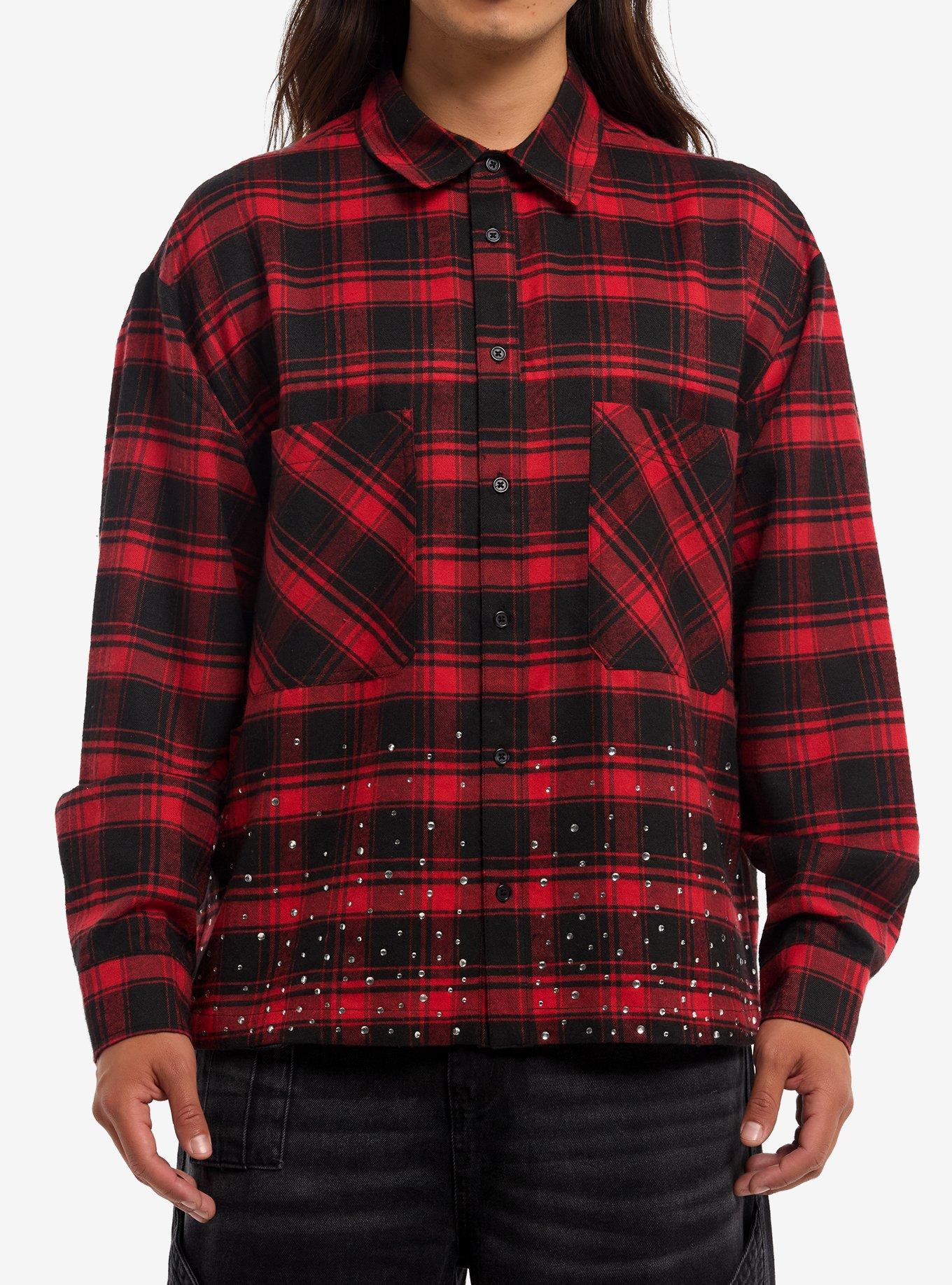 Antisocial Rhinestone Red Plaid Woven Button-Up, , hi-res