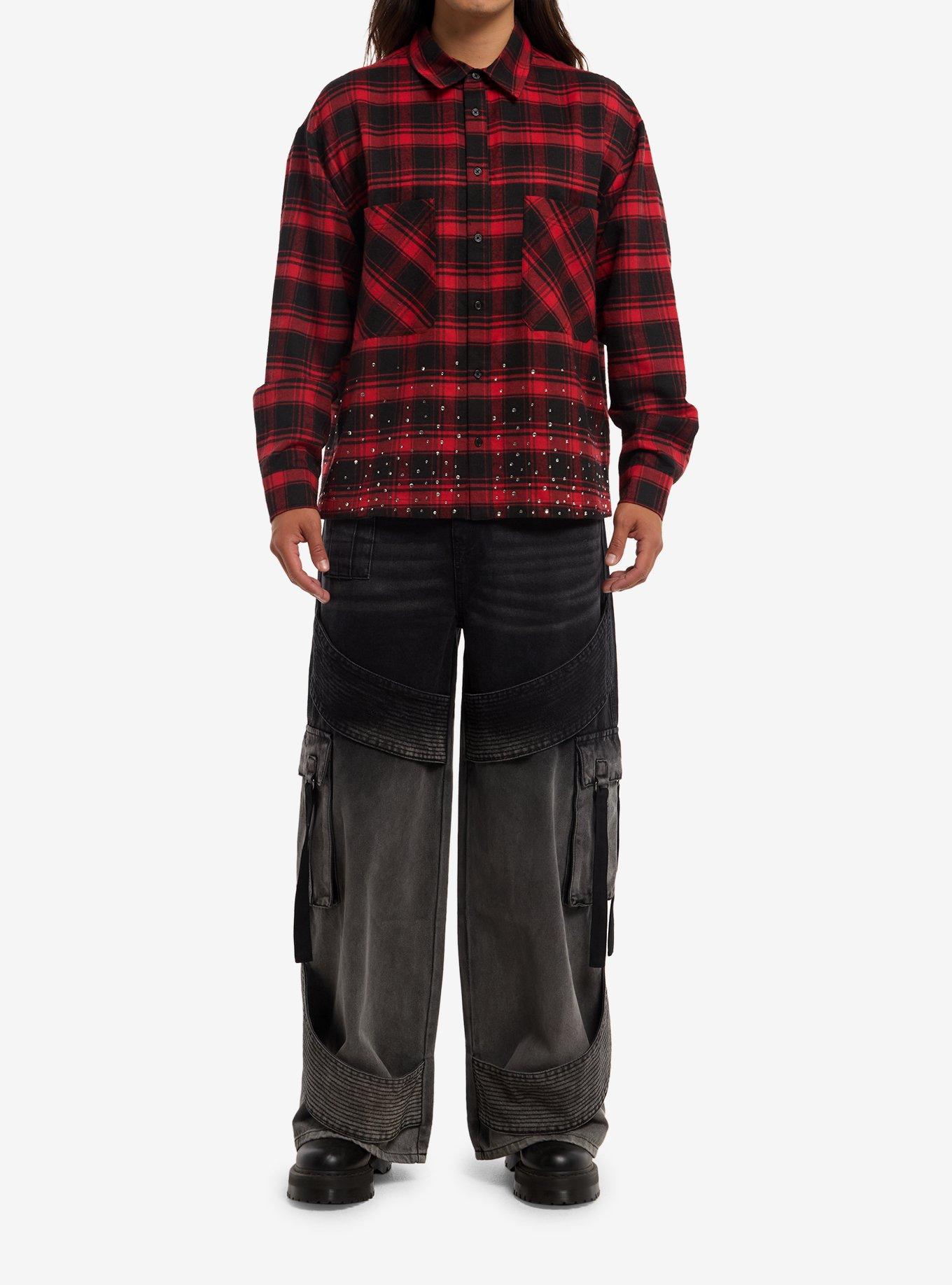 Antisocial Rhinestone Red Plaid Woven Button-Up, RED, alternate