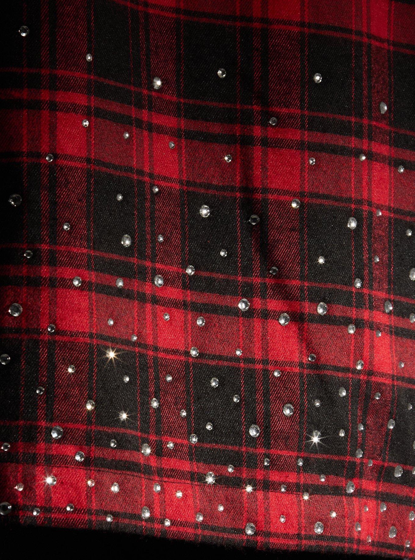 Antisocial Rhinestone Red Plaid Woven Button-Up, RED, alternate