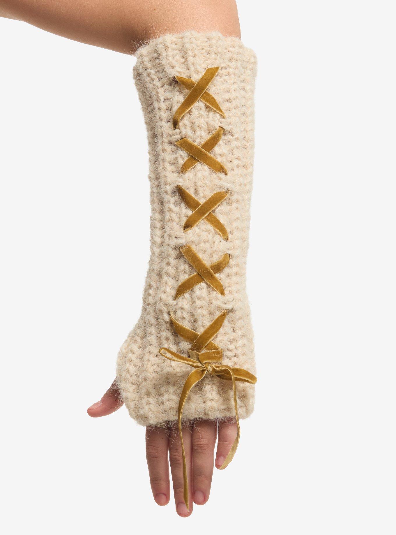 Cream Chunky Knit Lace-Up Arm Warmers, , hi-res
