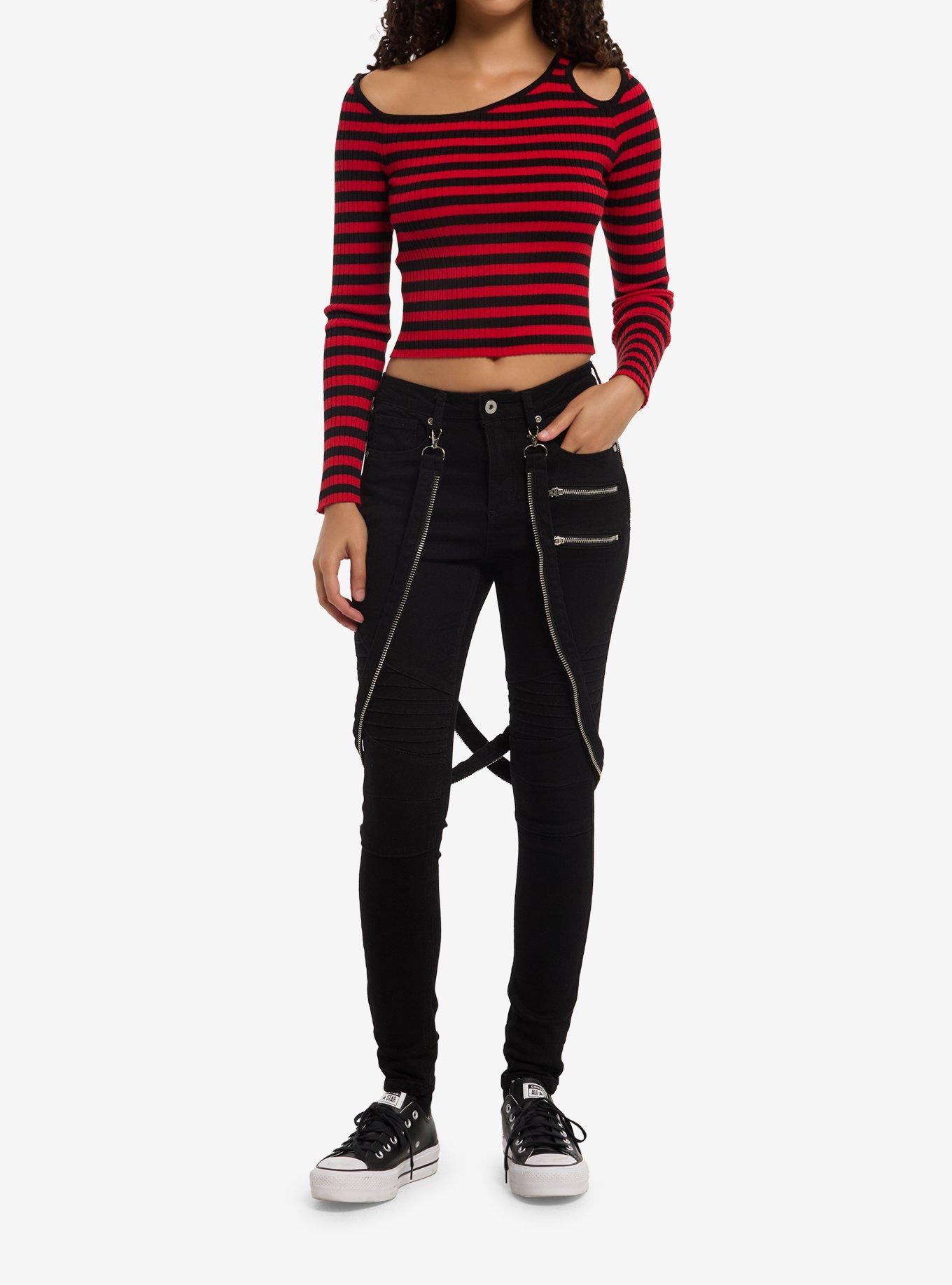 Black & Red Stripe Girls Cold-Shoulder Top, , hi-res