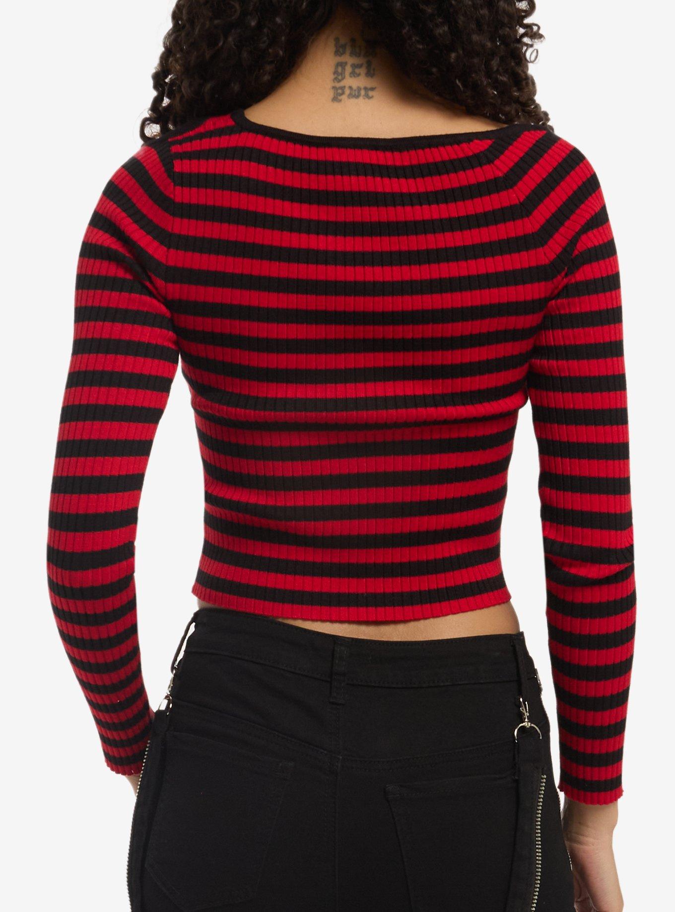 Black & Red Stripe Girls Cold-Shoulder Top, MULTI, alternate