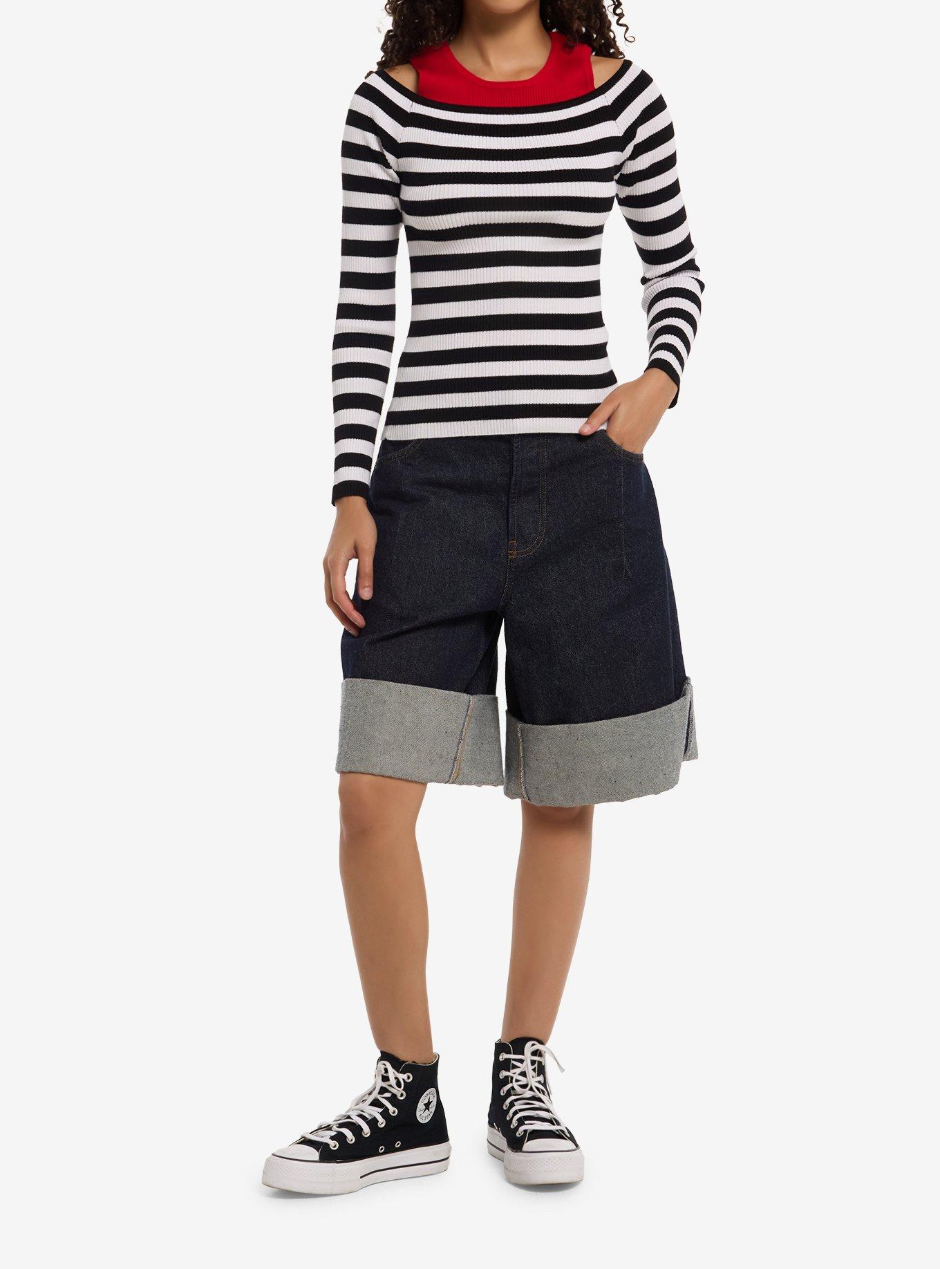 Black & White Stripe Girls Cold-Shoulder Top, , hi-res