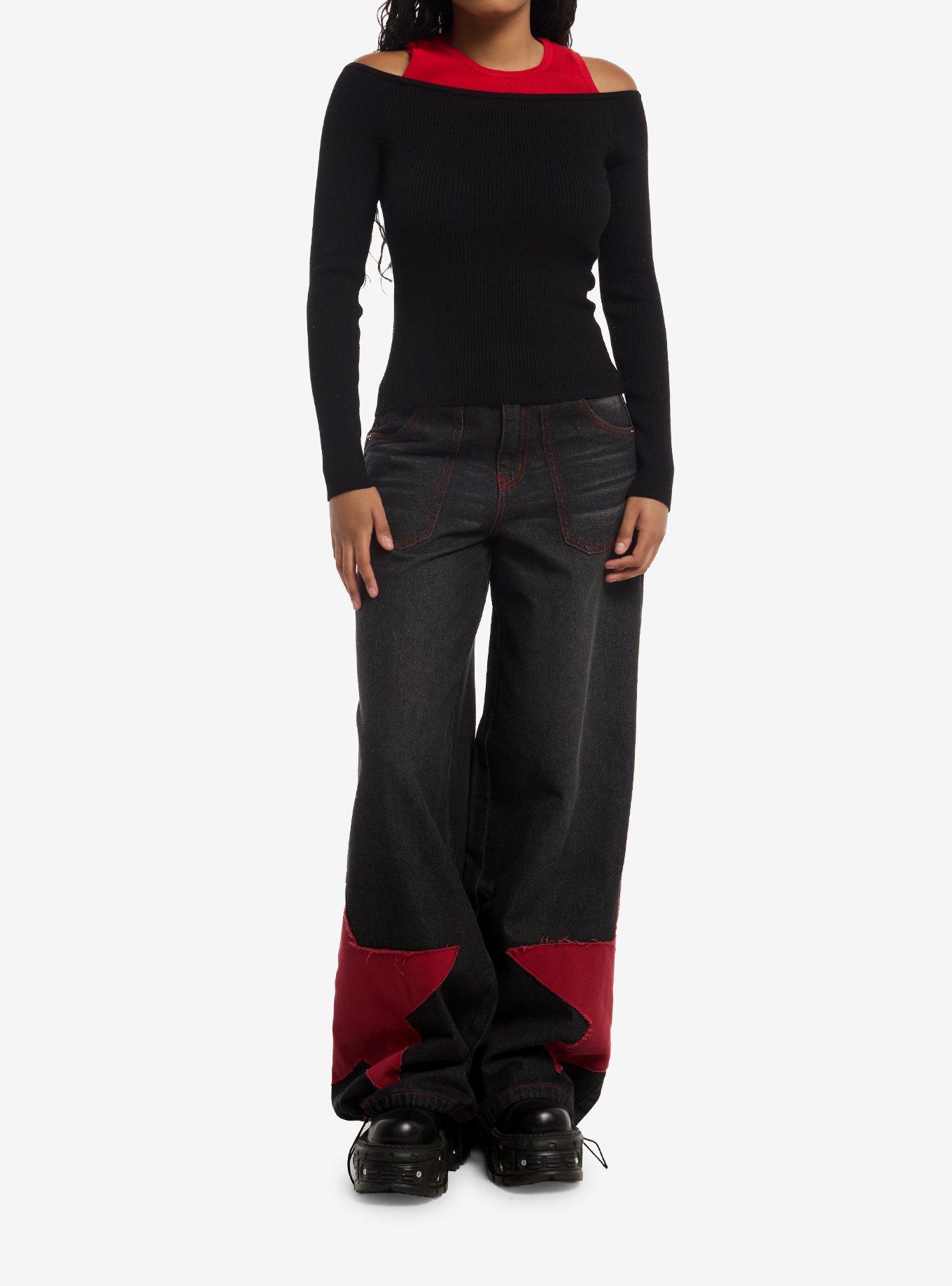 Black & Red Girls Cold-Shoulder Top, , hi-res