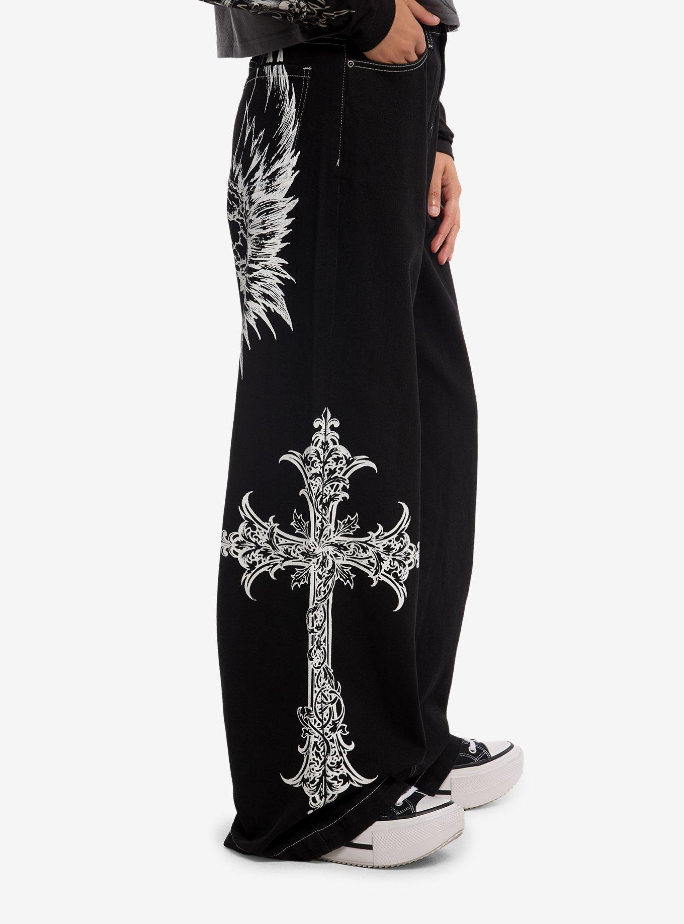 Social Collision Black & White Wing Cross Wide Leg Jeans, , hi-res