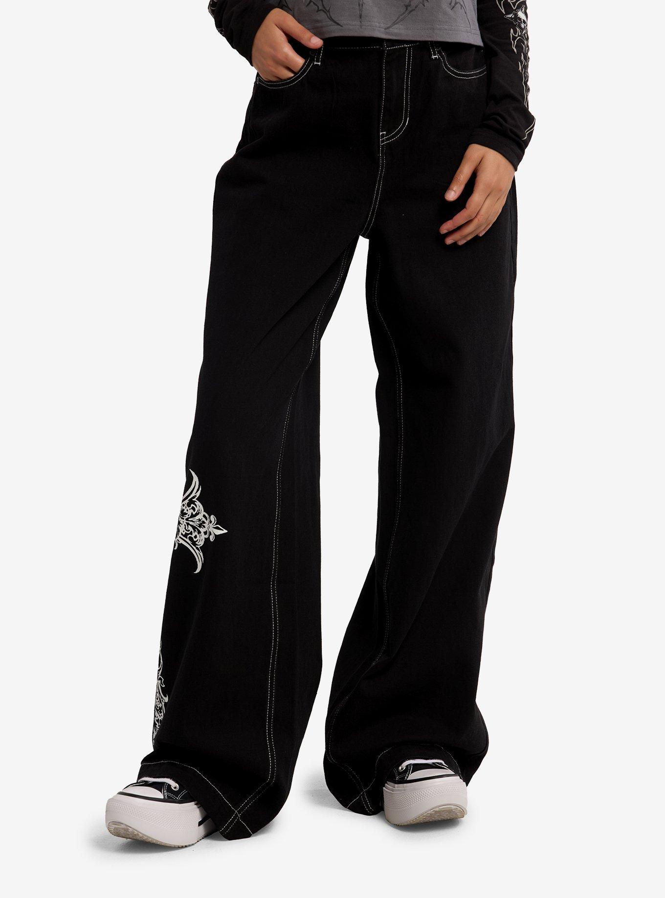 Social Collision Black & White Wing Cross Wide Leg Jeans, MULTI, alternate