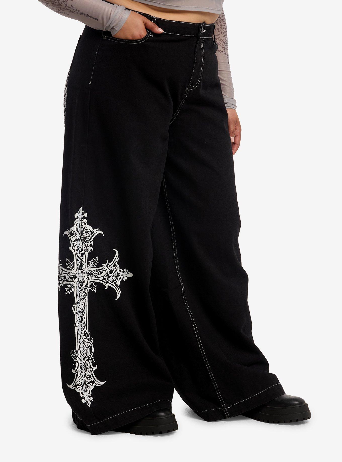 Social Collision Black & White Wing Cross Wide Leg Jeans Plus Size, , hi-res