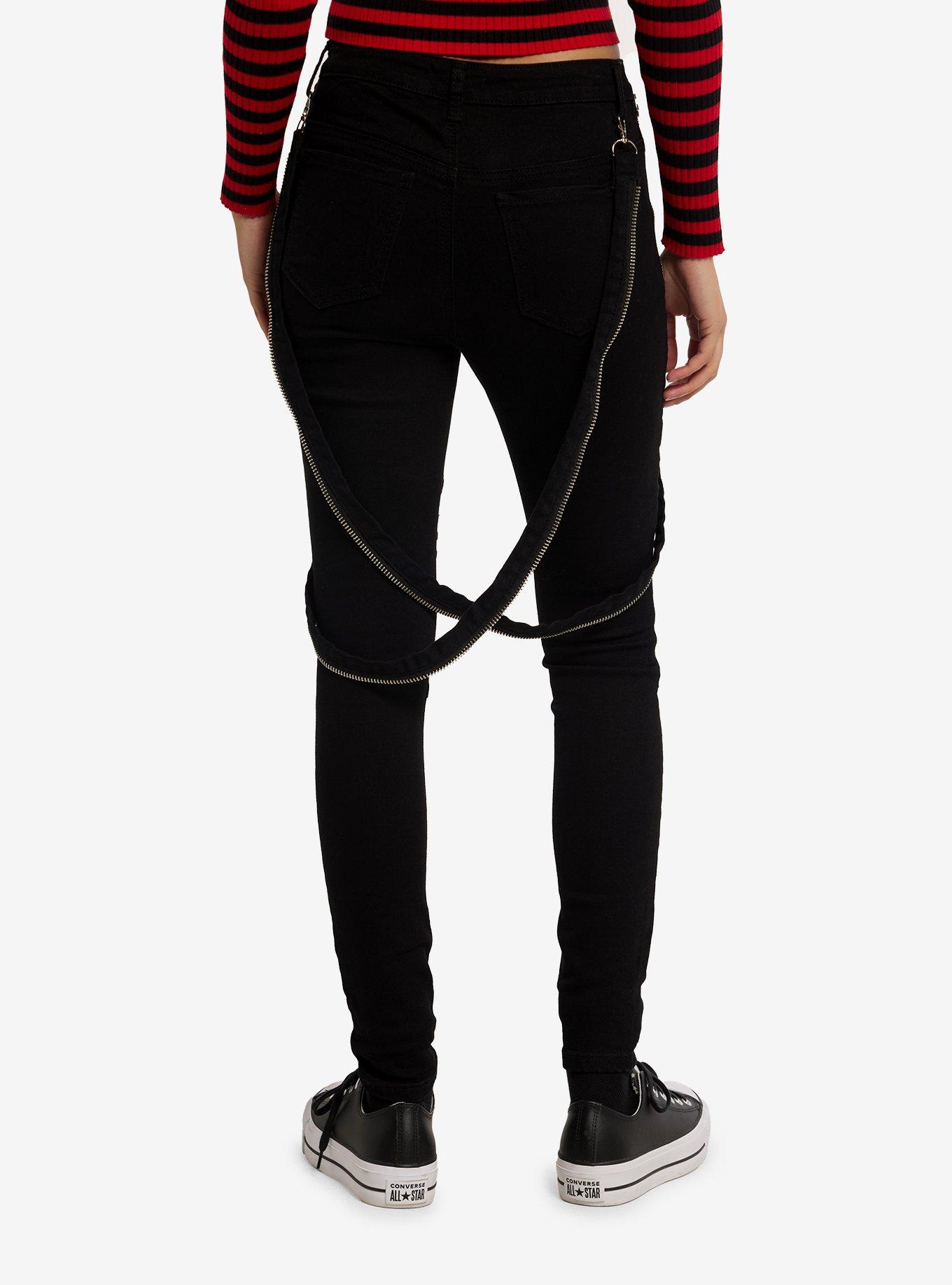 Social Collision Black Zipper Suspender Skinny Jeans, , hi-res