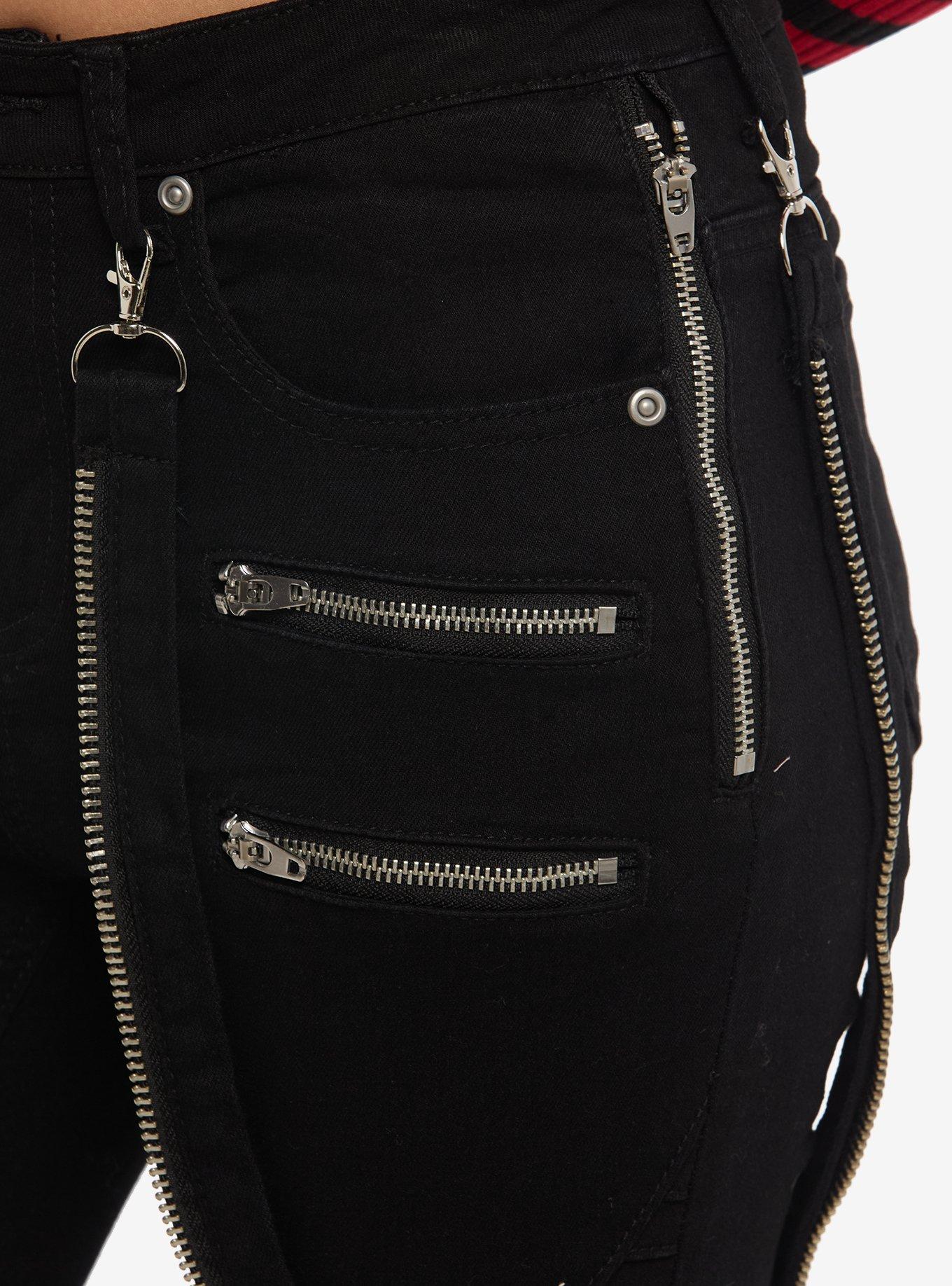 Social Collision Black Zipper Suspender Skinny Jeans, MULTI, alternate