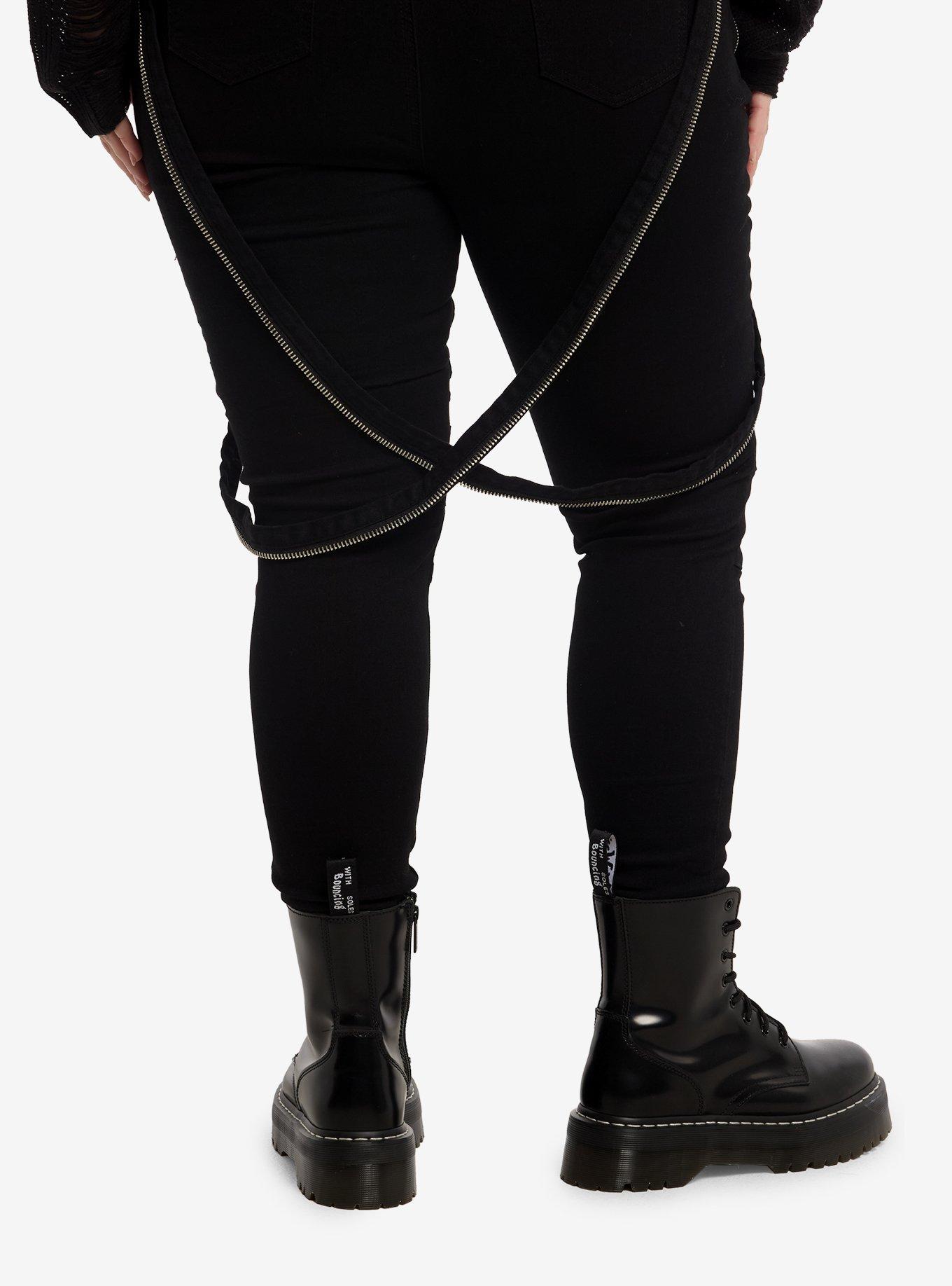 Social Collision Black Zipper Suspender Skinny Jeans Plus Size, , hi-res