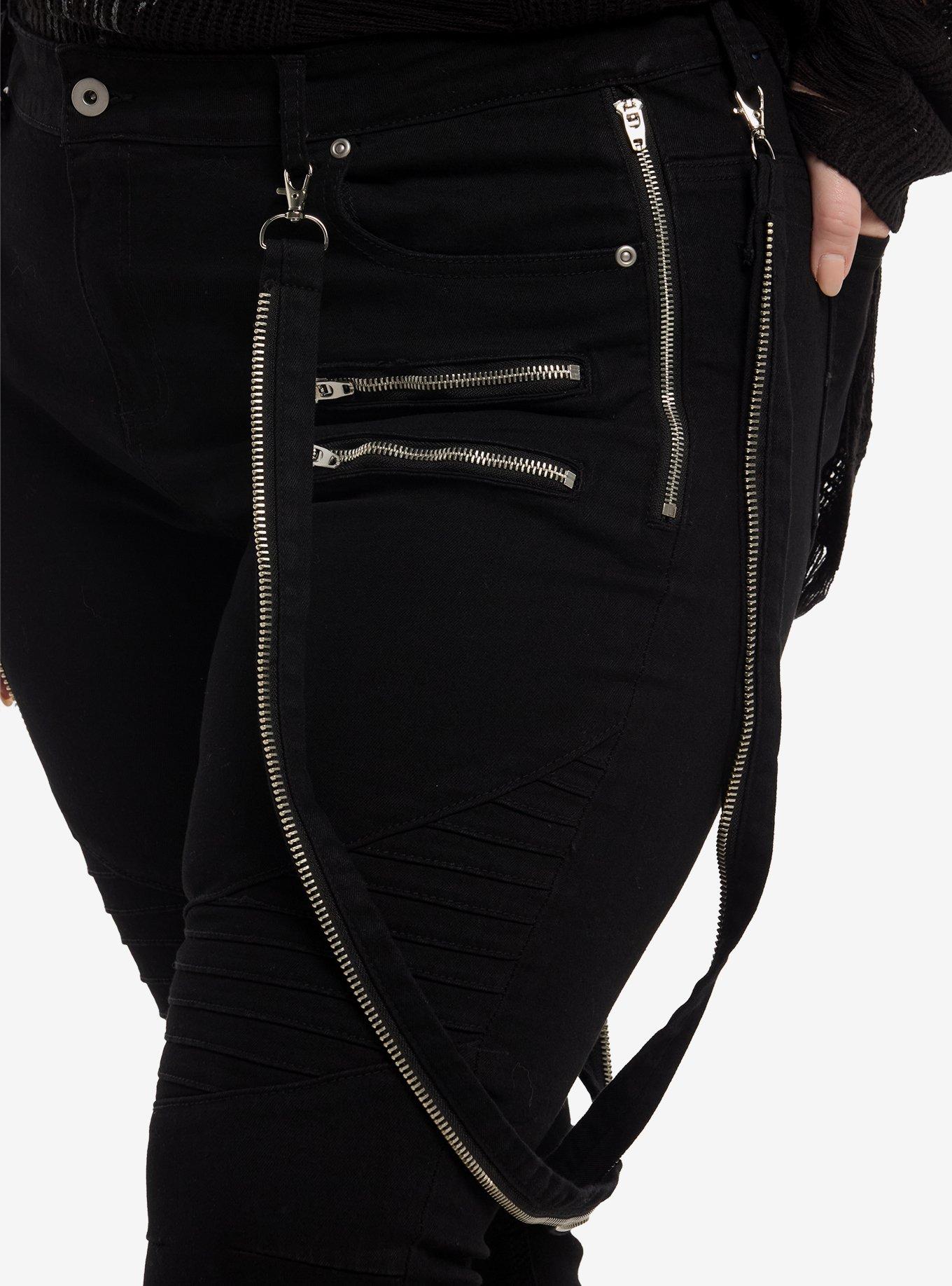 Social Collision Black Zipper Suspender Skinny Jeans Plus Size, MULTI, alternate