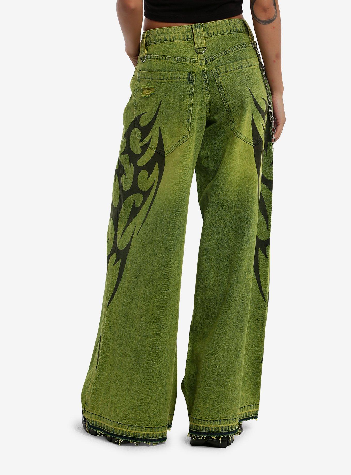 Social Collision Acid Green Cyber Sigil Jeans With Side Chain, , hi-res