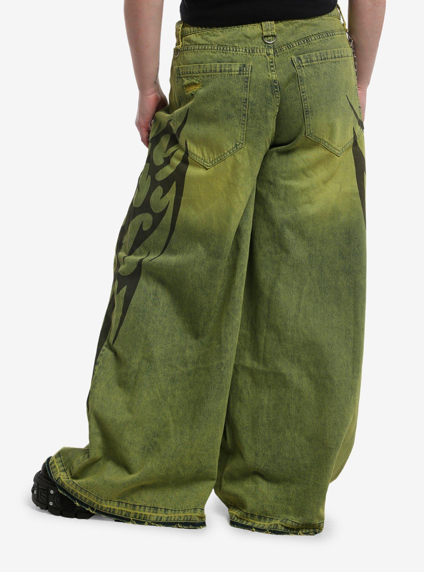 Social Collision Acid Green Cyber Sigil Jeans With Side Chain Plus Size, , hi-res