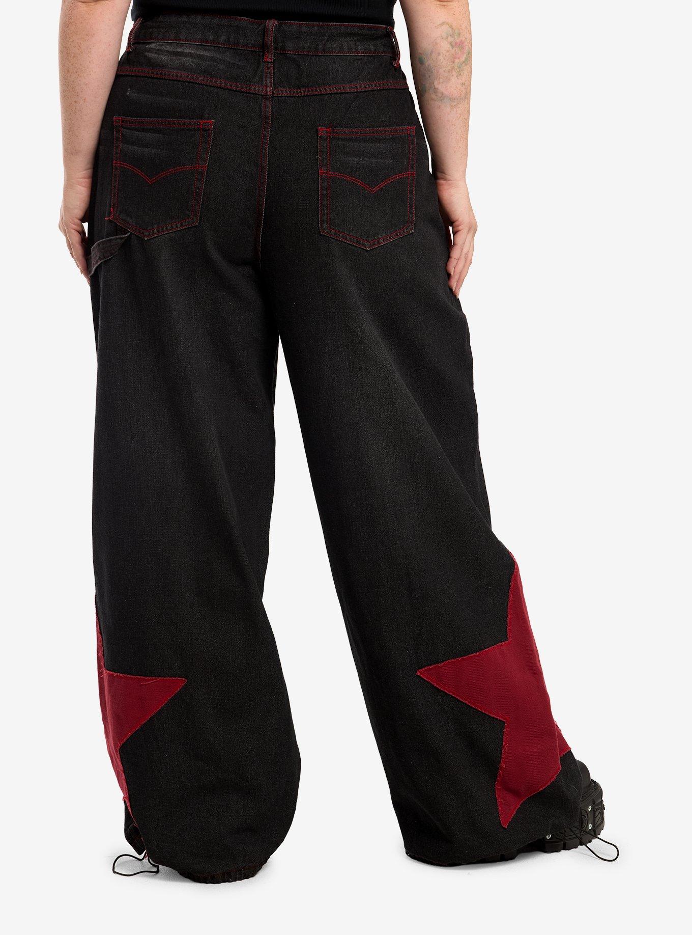 Black & Red Star Wide Leg Jeans Plus Size, , hi-res