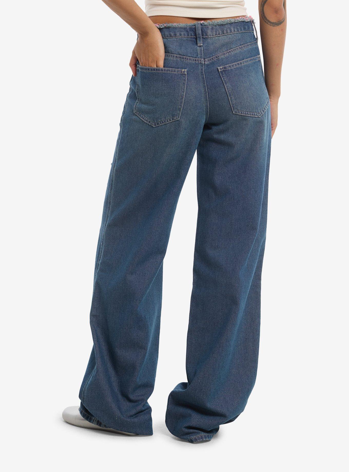 Sweet Society Destructed Pink Star Wide Leg Jeans, , hi-res