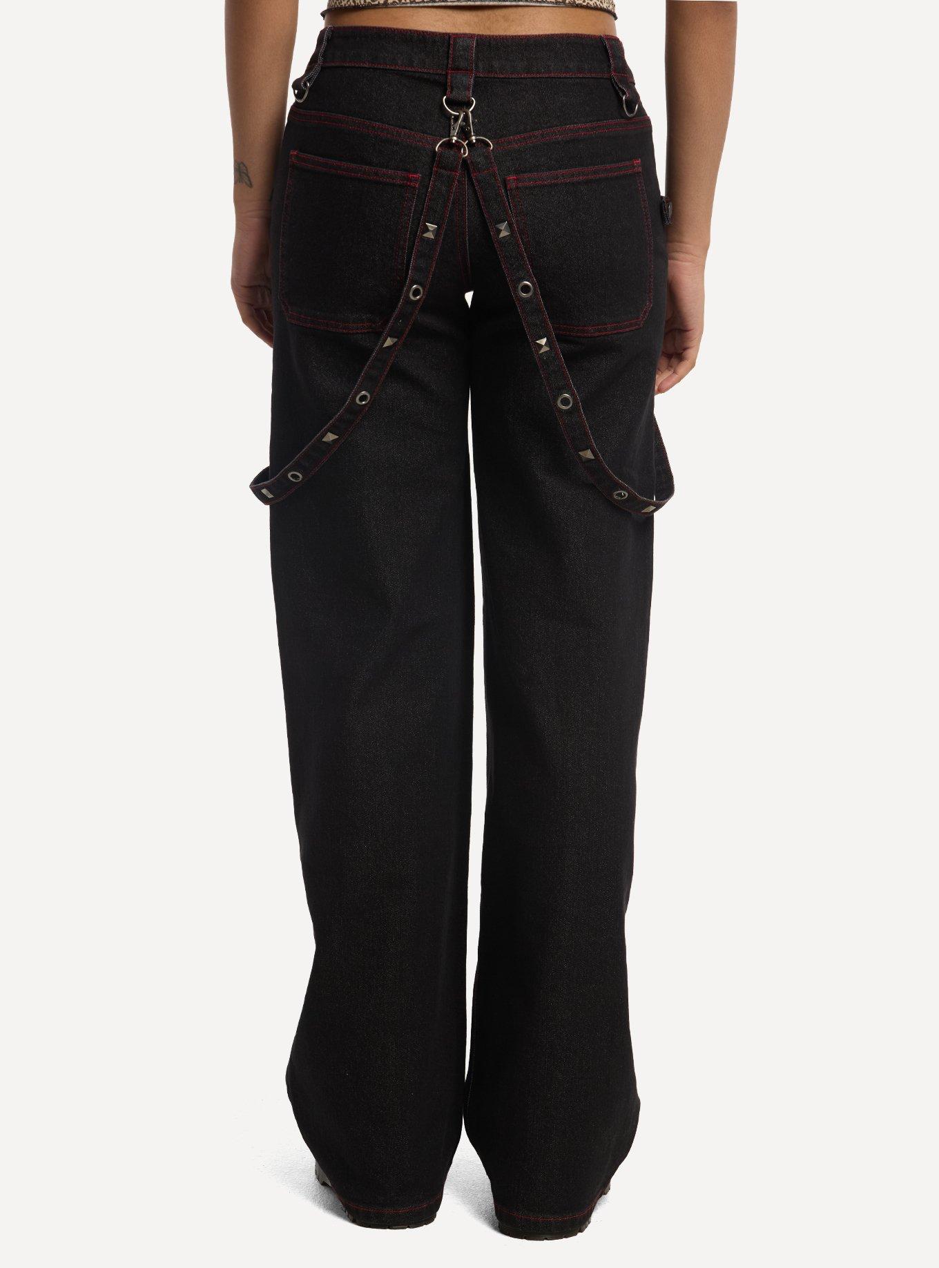 Black & Red Stud Suspender Wide Leg Jeans, , hi-res