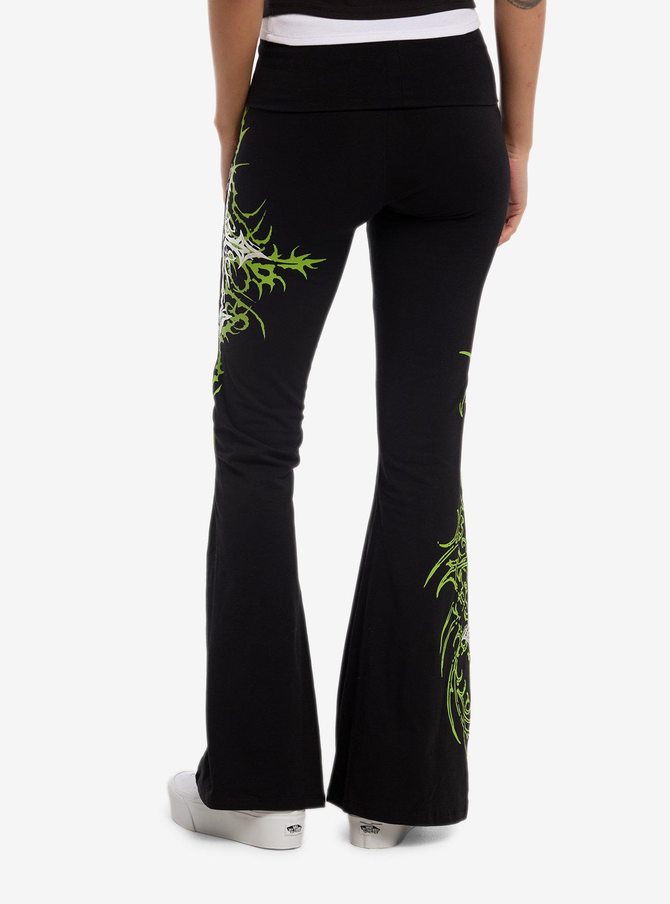 Social Collision Black & Neon Green Cyber Cross Flare Leggings, , hi-res
