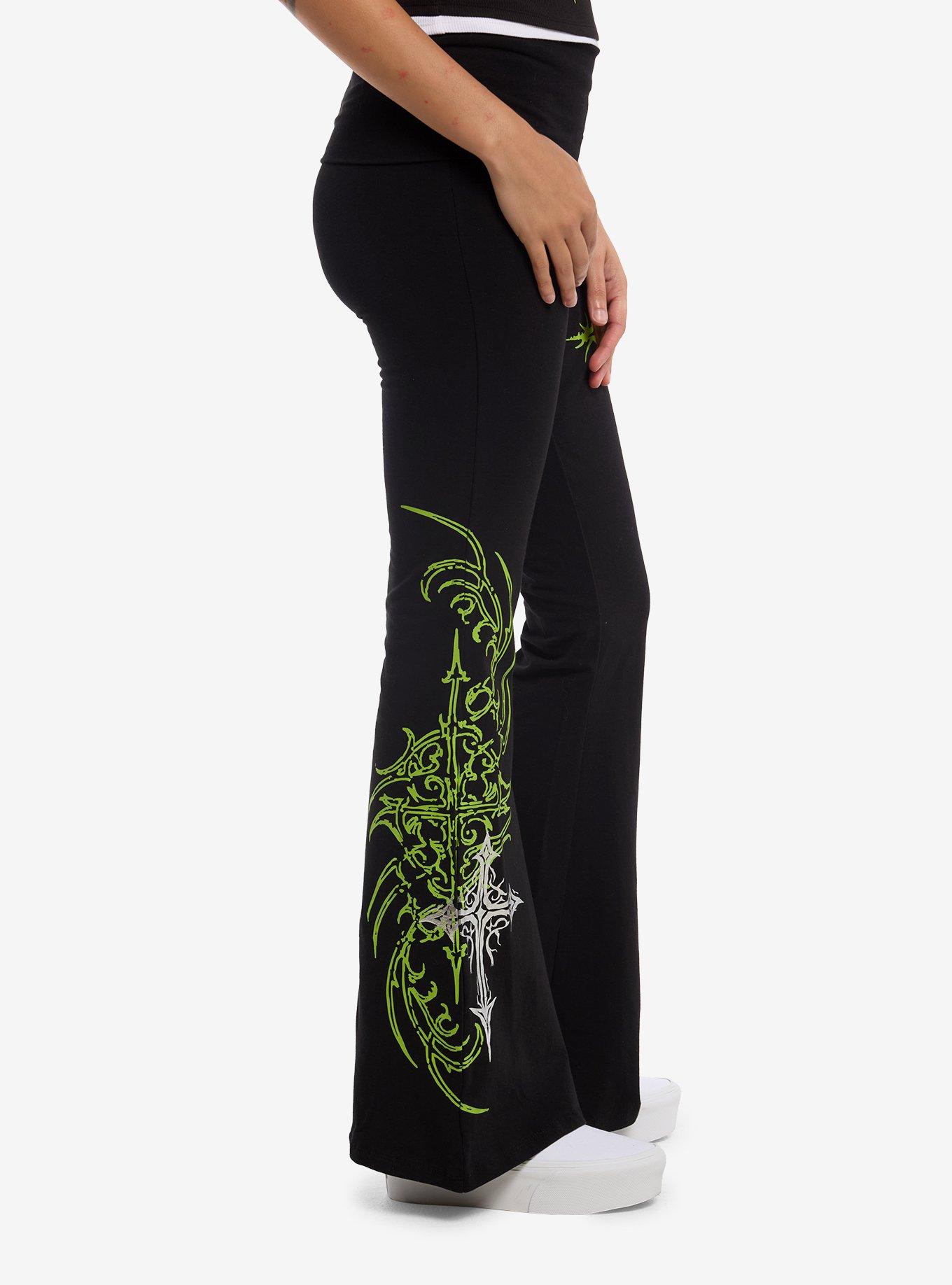Social Collision Black & Neon Green Cyber Cross Flare Leggings, MULTI, alternate