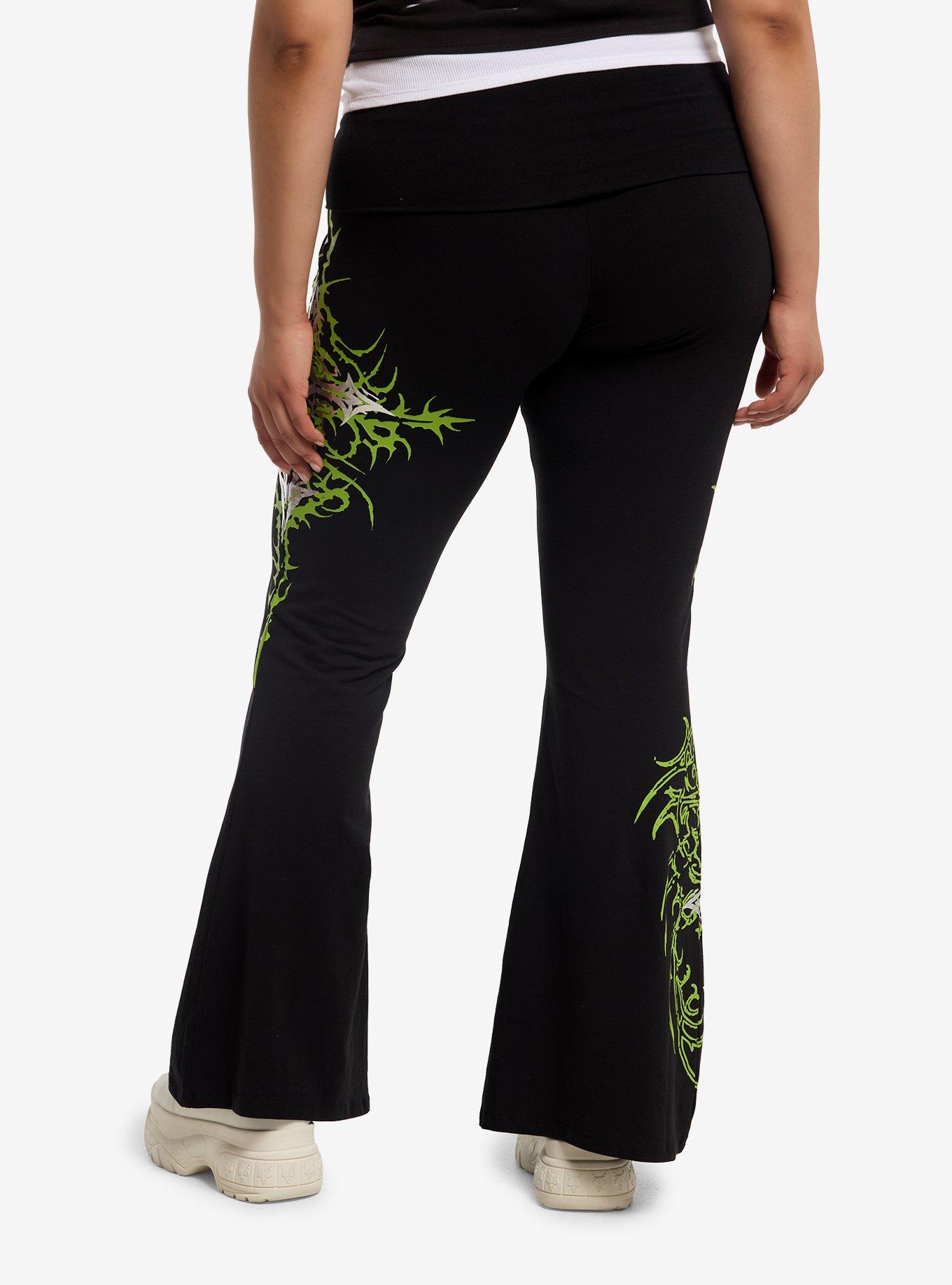Social Collision Black & Neon Green Cyber Cross Flare Leggings Plus Size, , hi-res