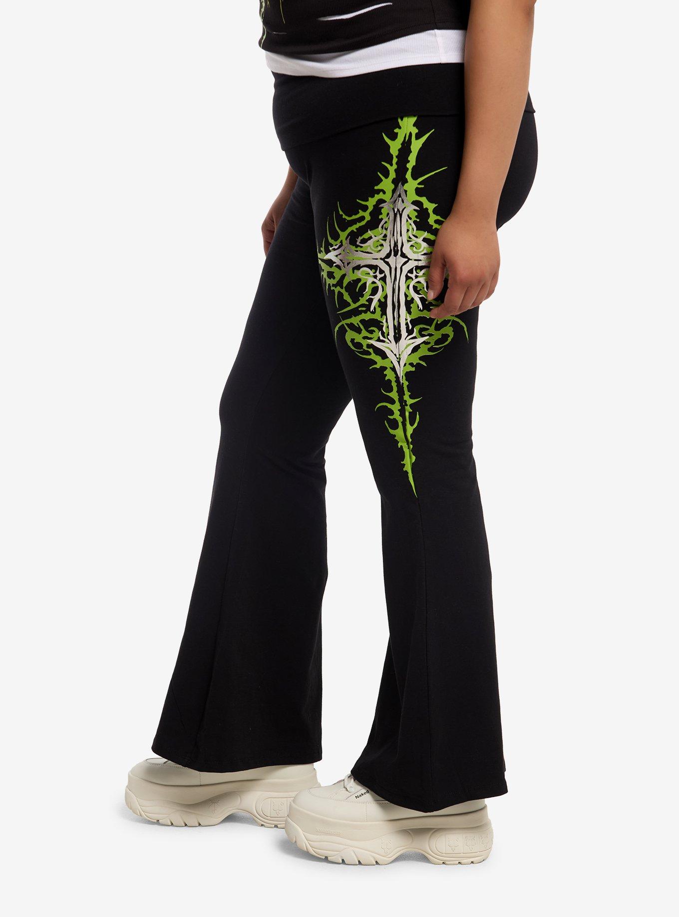 Social Collision Black & Neon Green Cyber Cross Flare Leggings Plus Size, MULTI, alternate