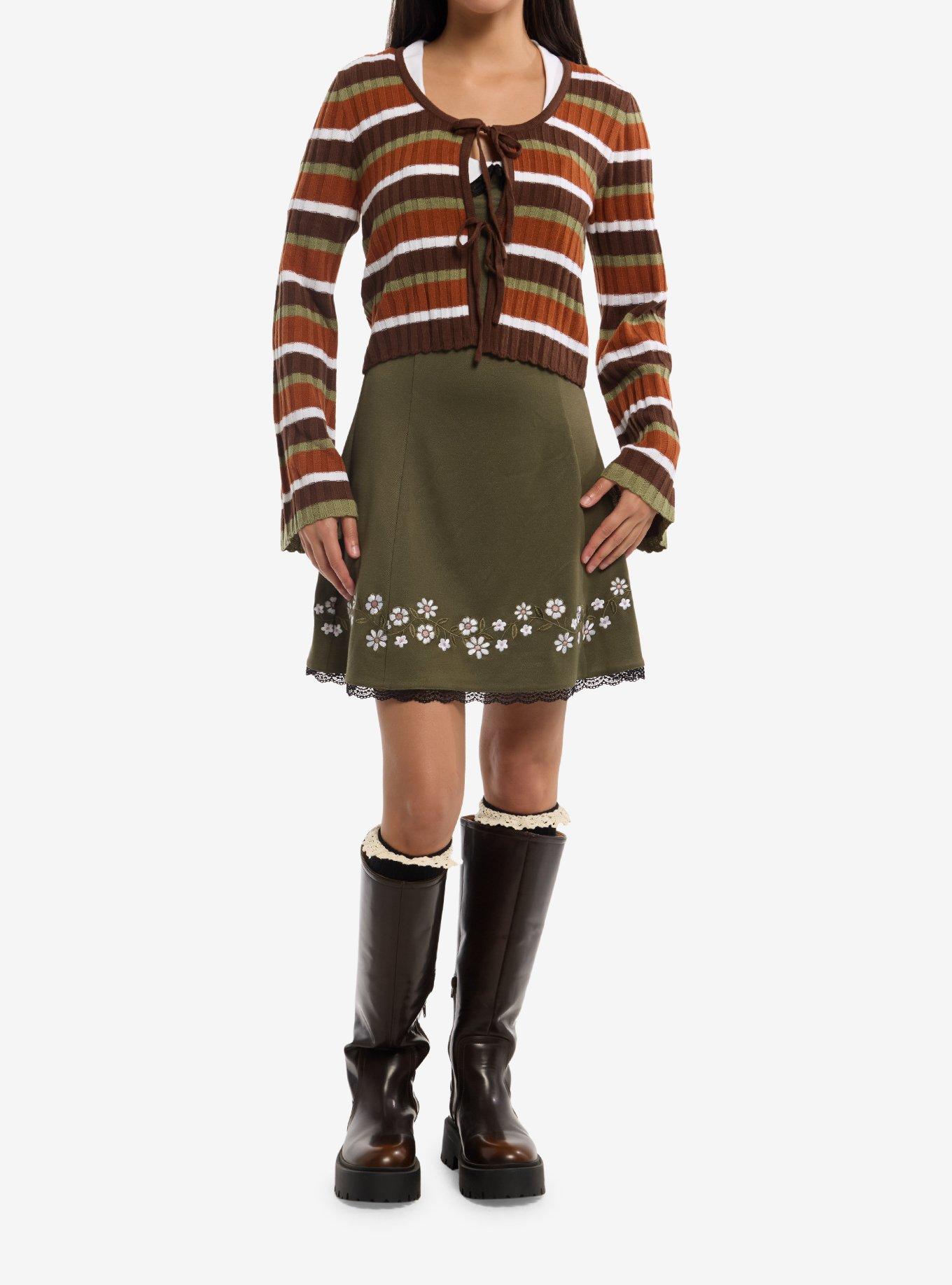 Thorn & Fable Brown Stripe Girls Crop Cardigan, , hi-res