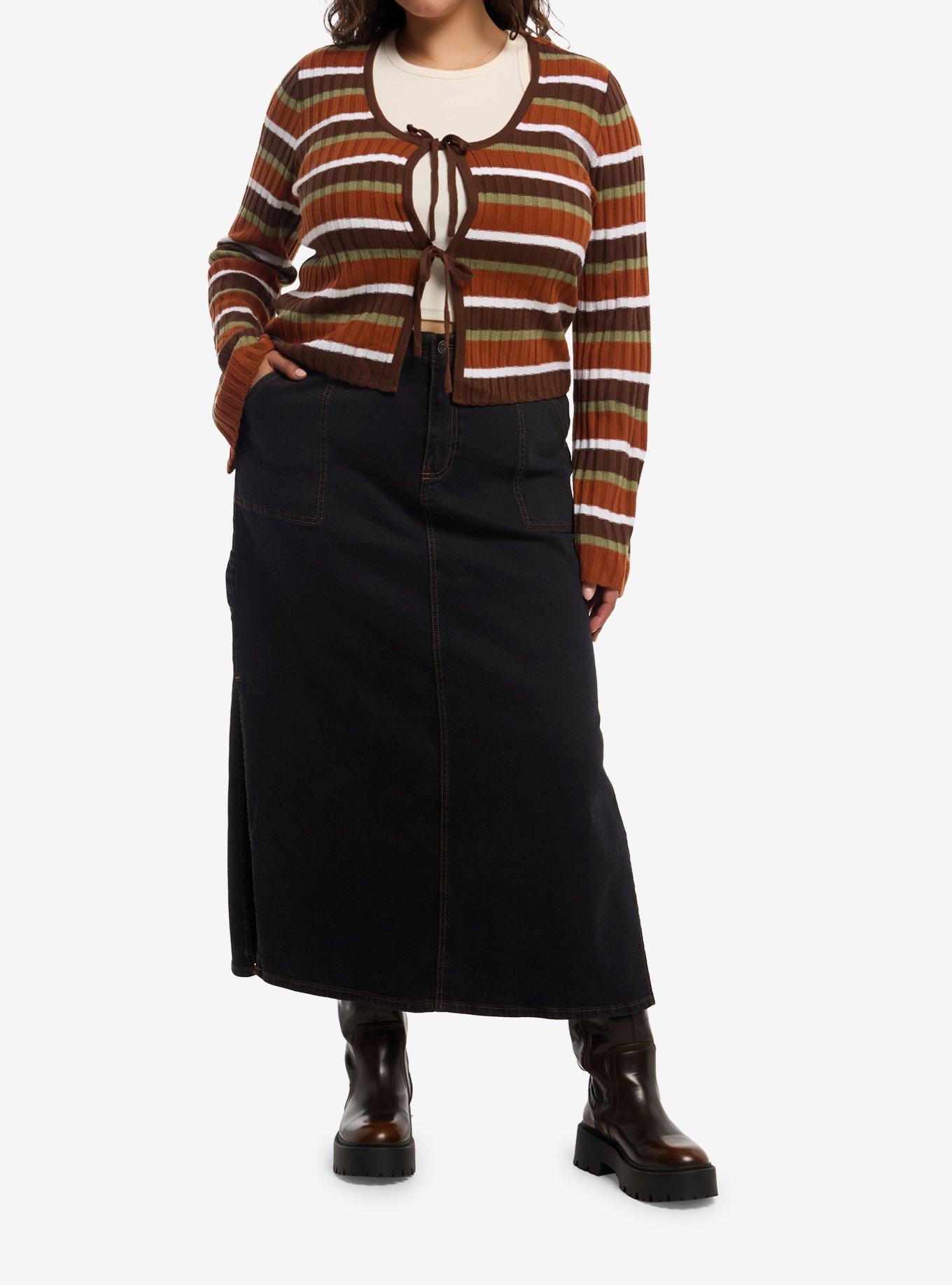 Thorn & Fable Brown Stripe Girls Crop Cardigan Plus Size, , hi-res