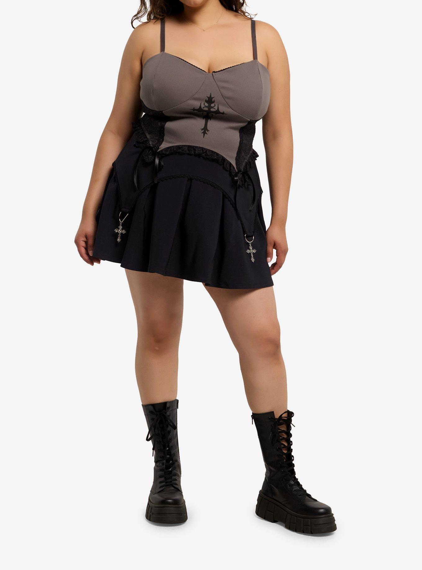 Social Collision Grey & Black Lace Girls Corset Top Plus Size, , hi-res
