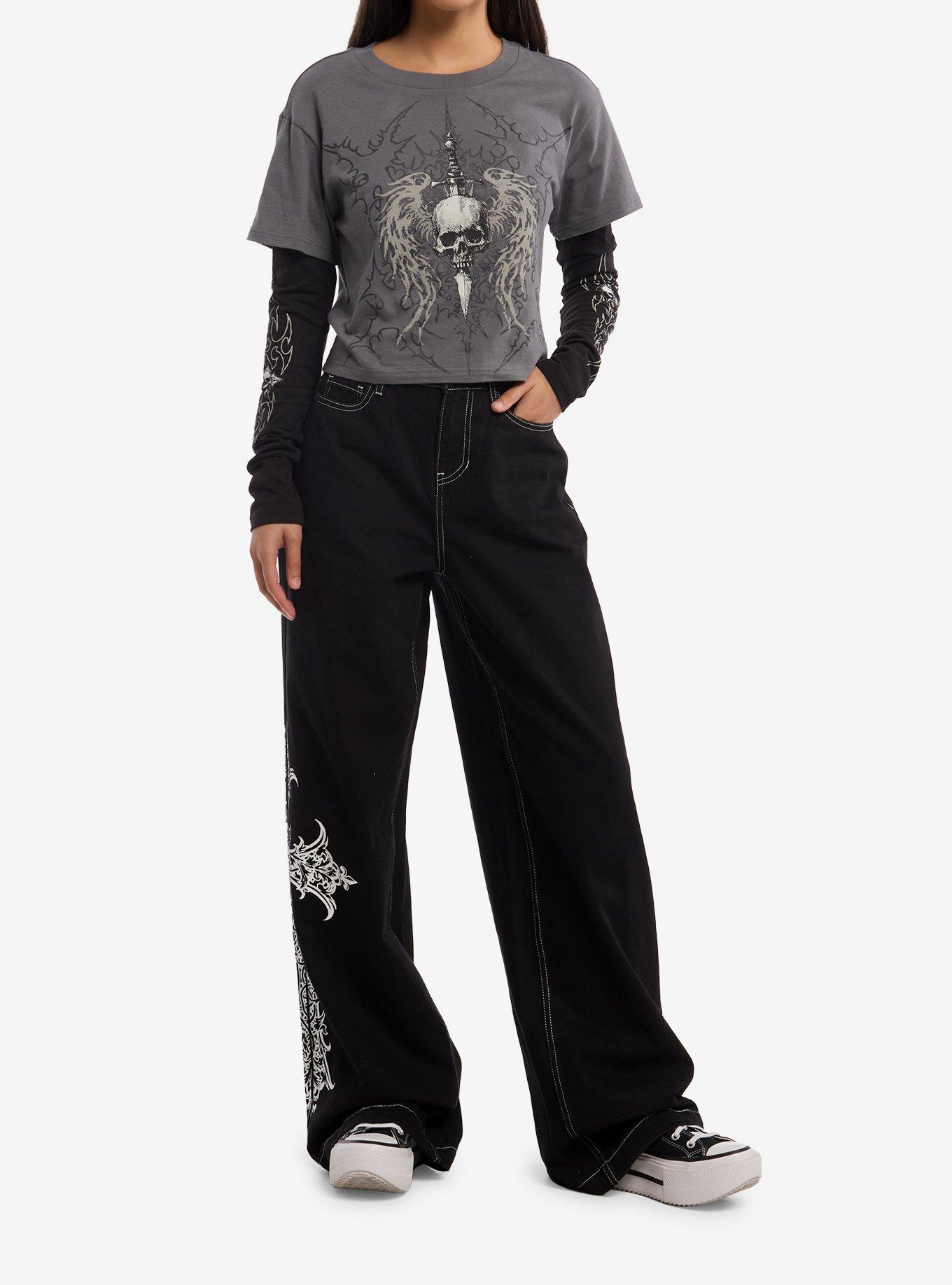 Social Collision Dagger Winged Skull Girls Twofer Long-Sleeve T-Shirt, , hi-res