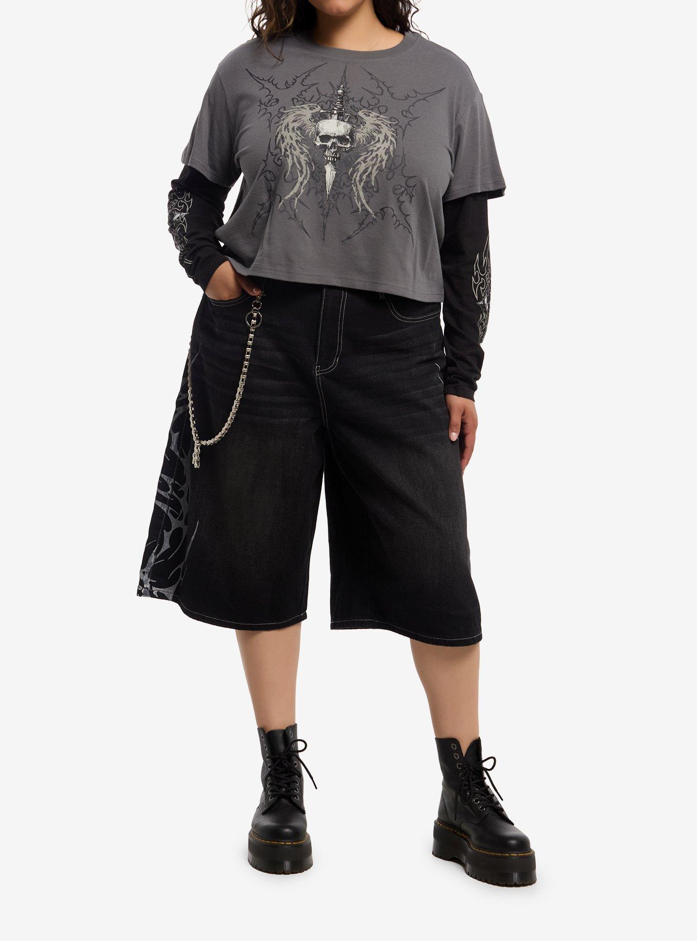 Social Collision Dagger Winged Skull Girls Twofer Long-Sleeve T-Shirt Plus Size, , hi-res