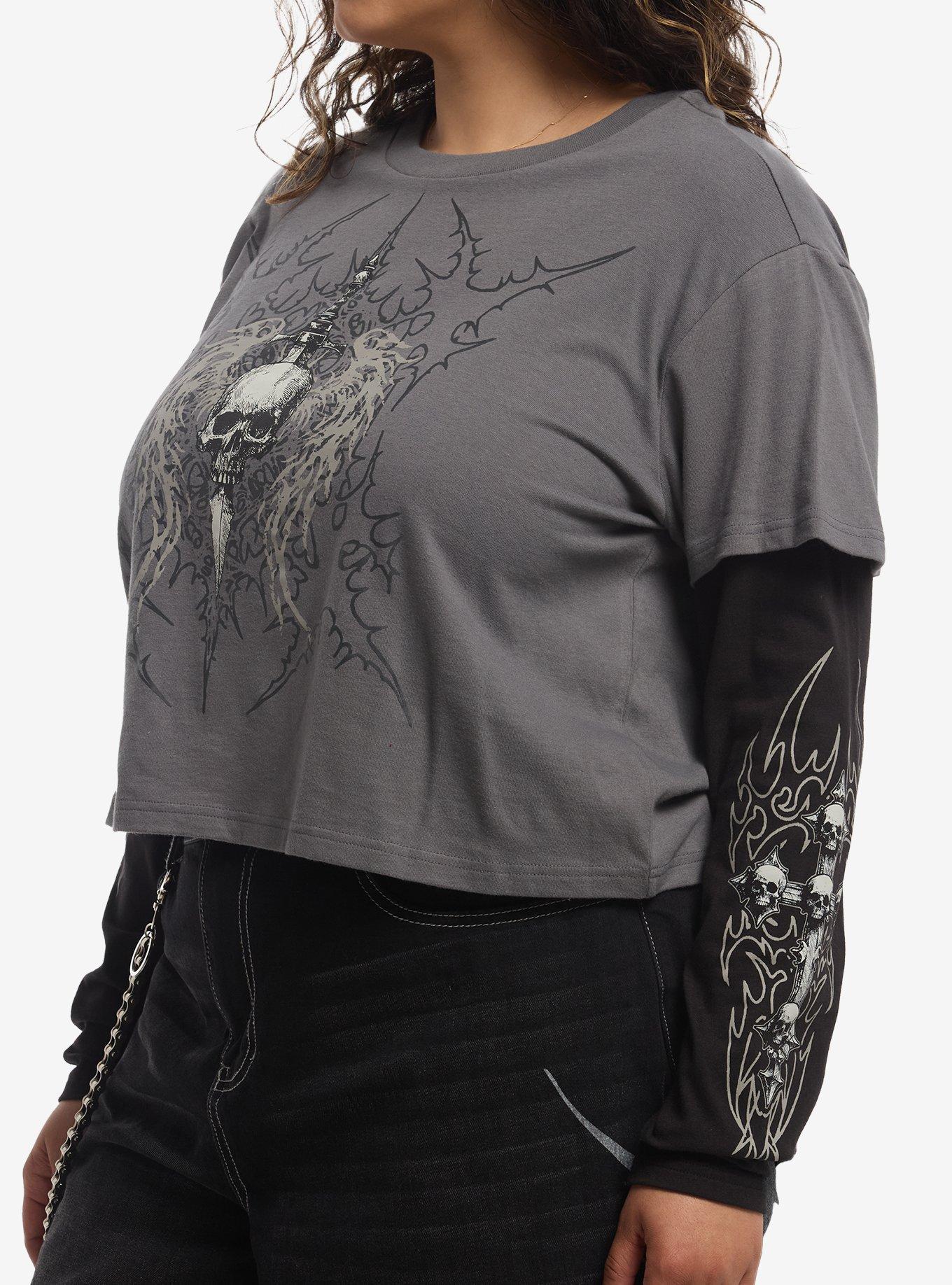 Social Collision Dagger Winged Skull Girls Twofer Long-Sleeve T-Shirt Plus Size, MULTI, alternate