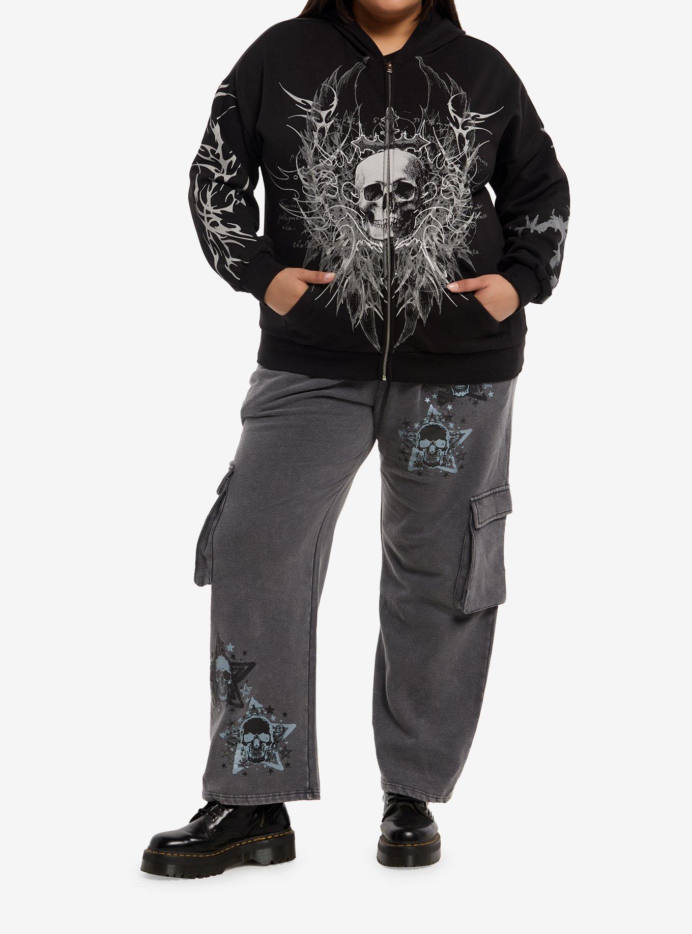 Social Collision Black & Grey Cyber Skull Girls Hoodie Plus Size, MULTI, alternate