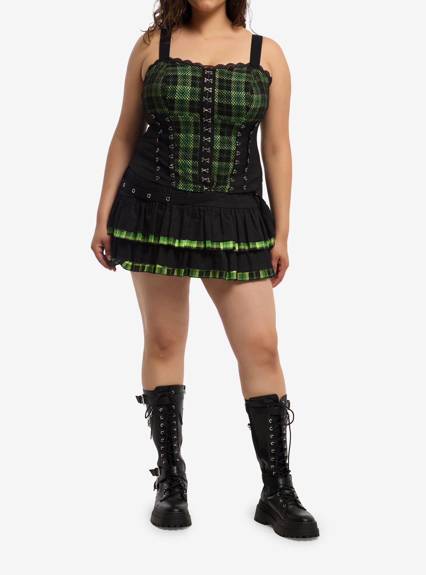 Social Collision Black & Green Plaid Girls Corset Tank Top Plus Size, , hi-res
