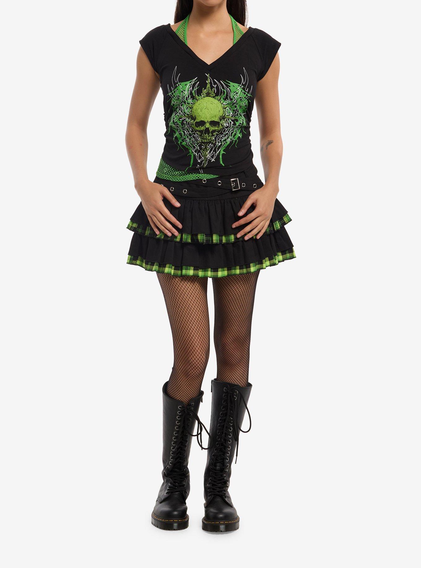 Social Collision Black & Green Skull Girls Twofer Top, , hi-res