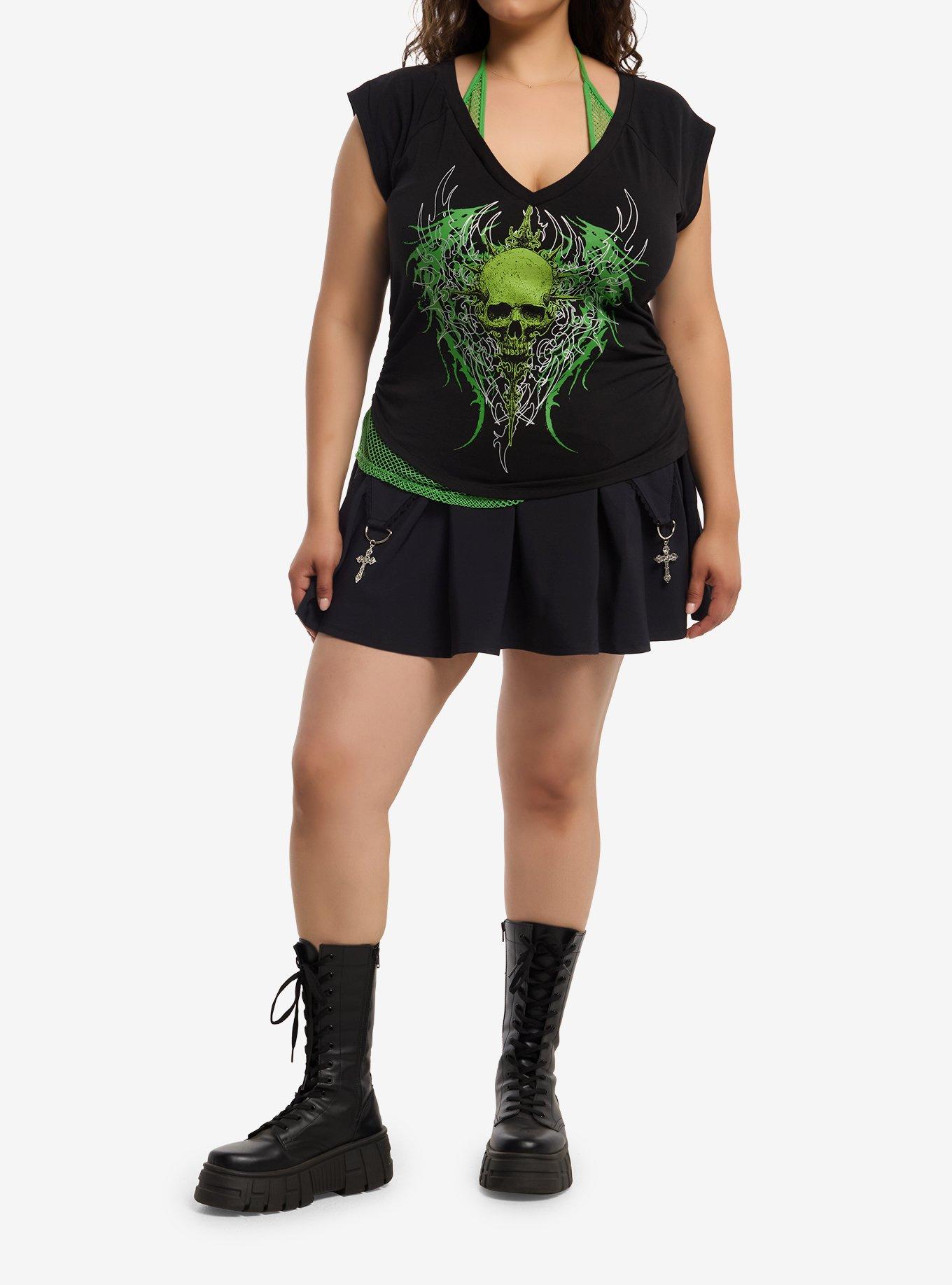 Social Collision Black & Green Skull Girls Twofer Top Plus Size, , hi-res