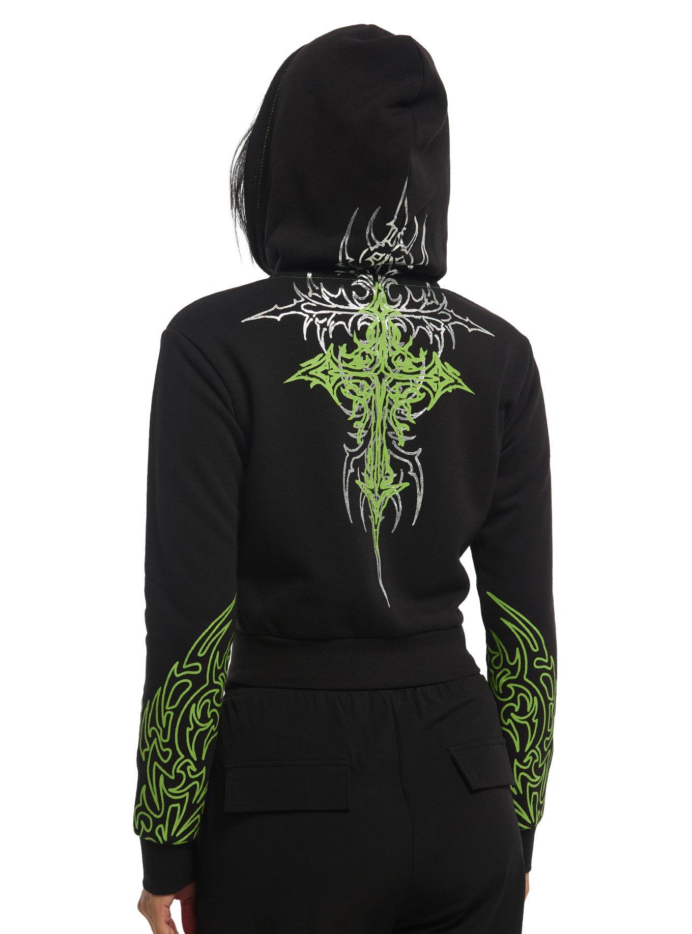 Social Collision Black & Green Cyber Cross Girls Crop Hoodie, , hi-res