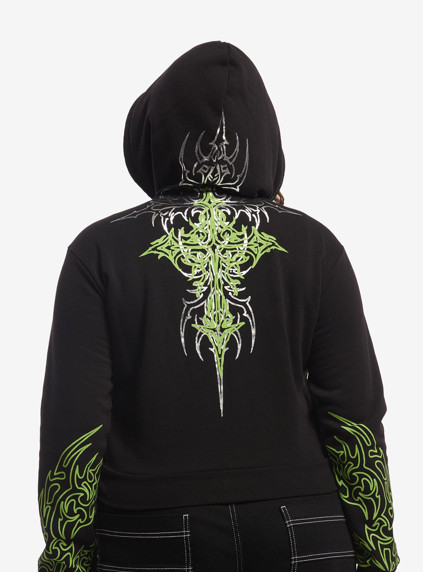 Social Collision Black & Green Cyber Cross Girls Crop Hoodie Plus Size, , hi-res