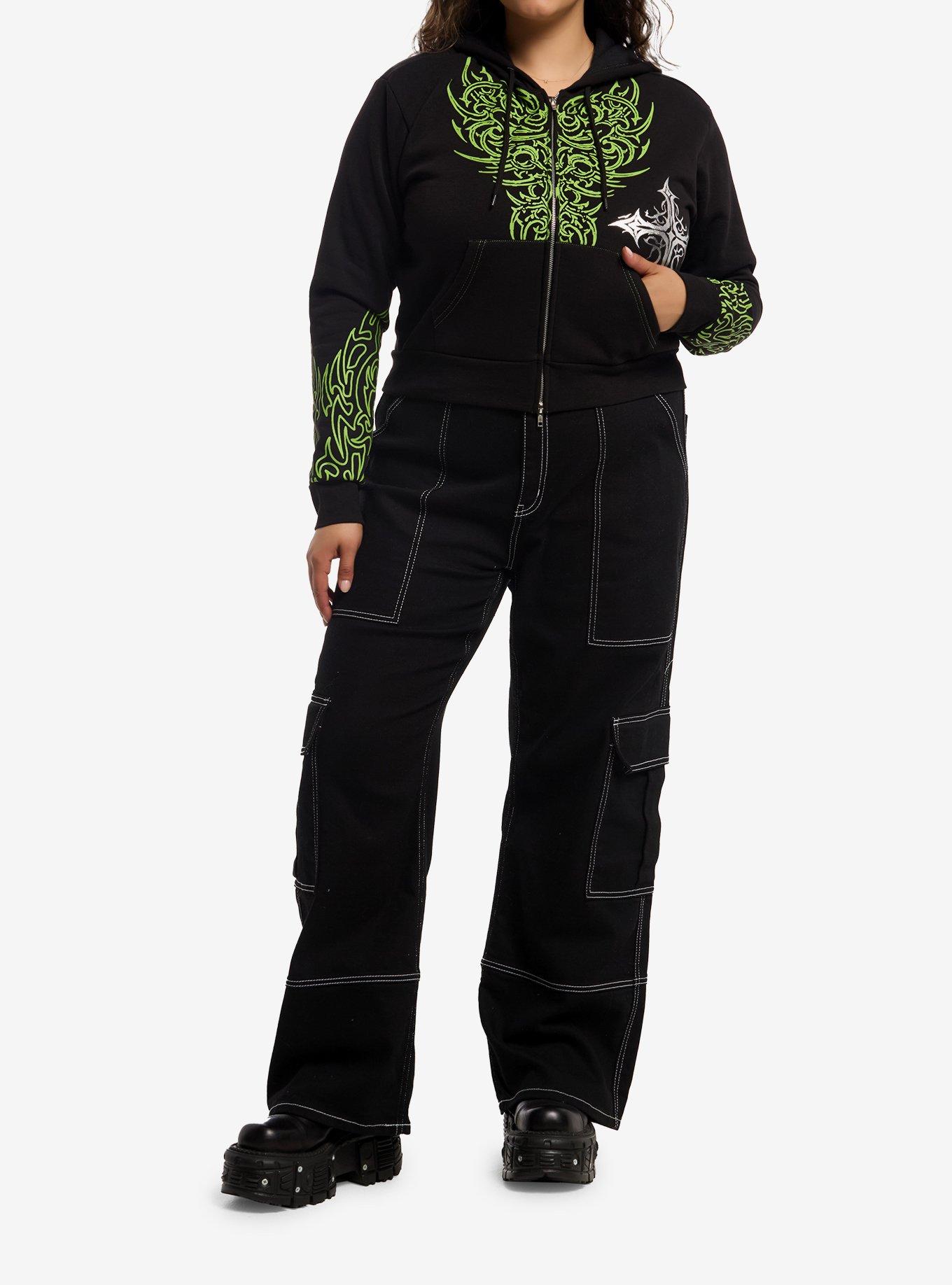 Social Collision Black & Green Cyber Cross Girls Crop Hoodie Plus Size, MULTI, alternate