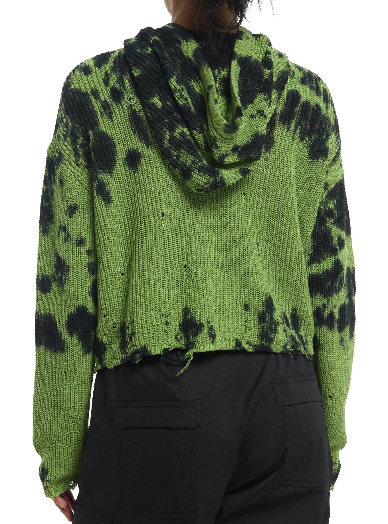Social Collision Black & Green Wash Destructed Girls Hoodie, , hi-res