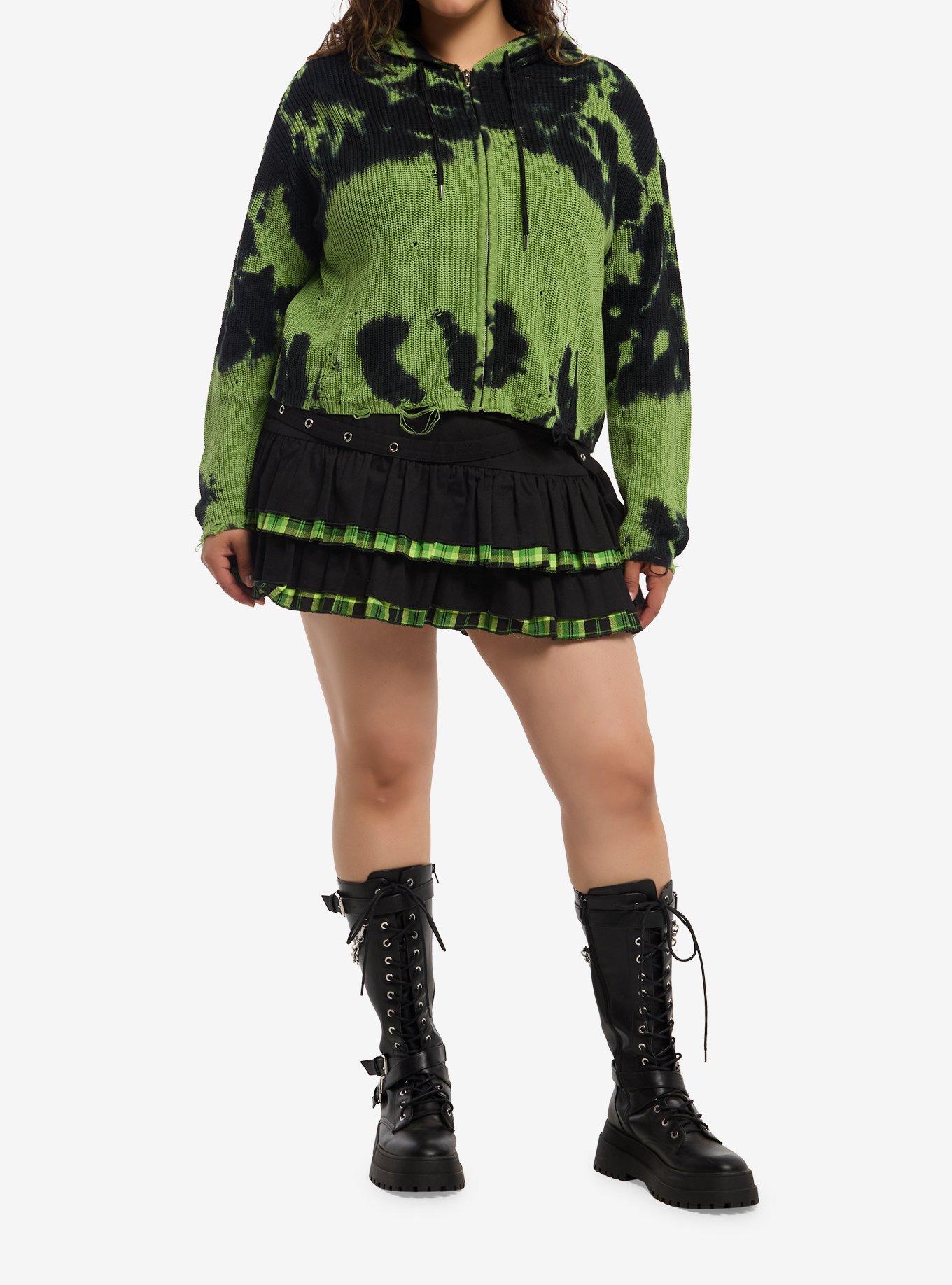 Social Collision Black & Green Wash Destructed Girls Hoodie Plus Size, MULTI, alternate