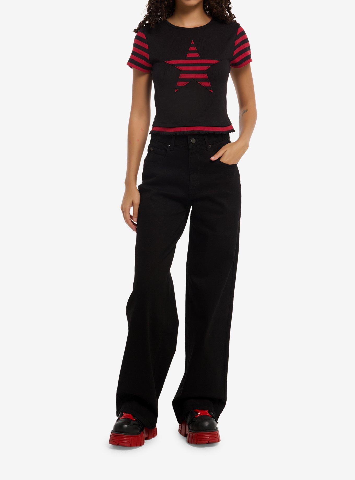 Social Collision Black & Red Stripe Star Girls Top, , hi-res