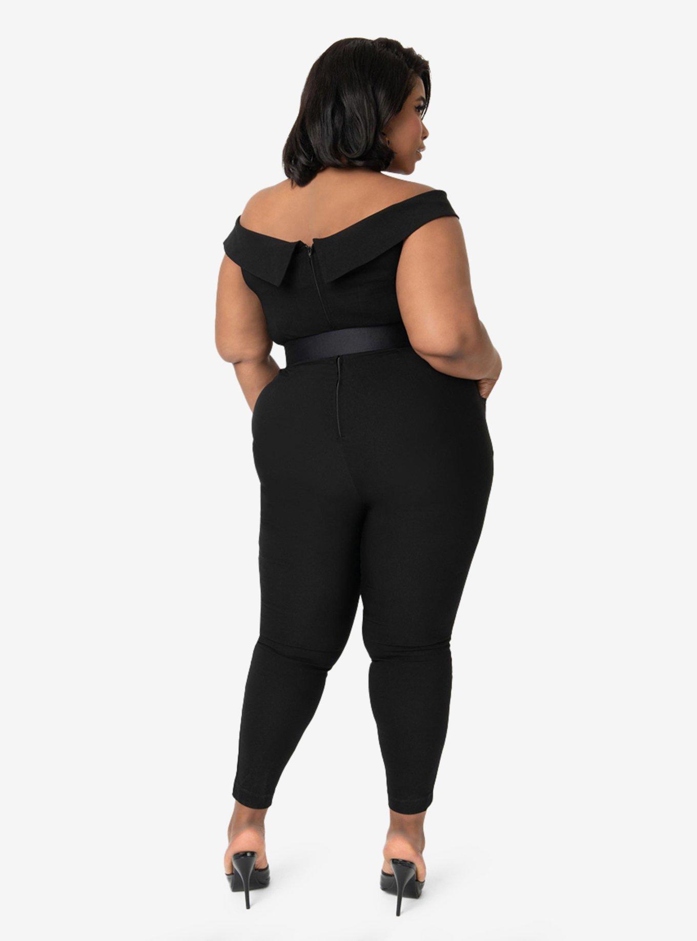 Unique Vintage Plus Size 1950s Black Off Shoulder Gillian Jumpsuit, , hi-res
