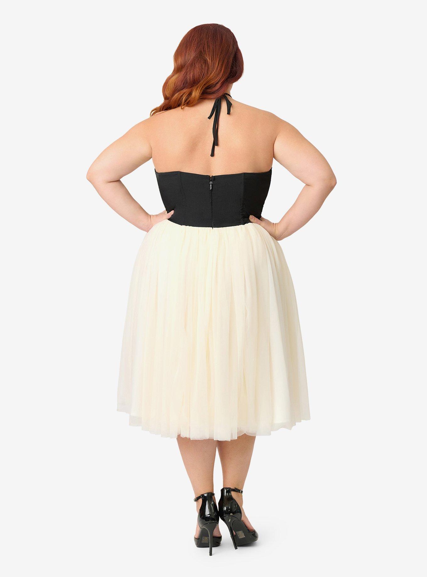 Unique Vintage Plus Size Black & Ivory Sweetheart Halter Swing Dress, , hi-res