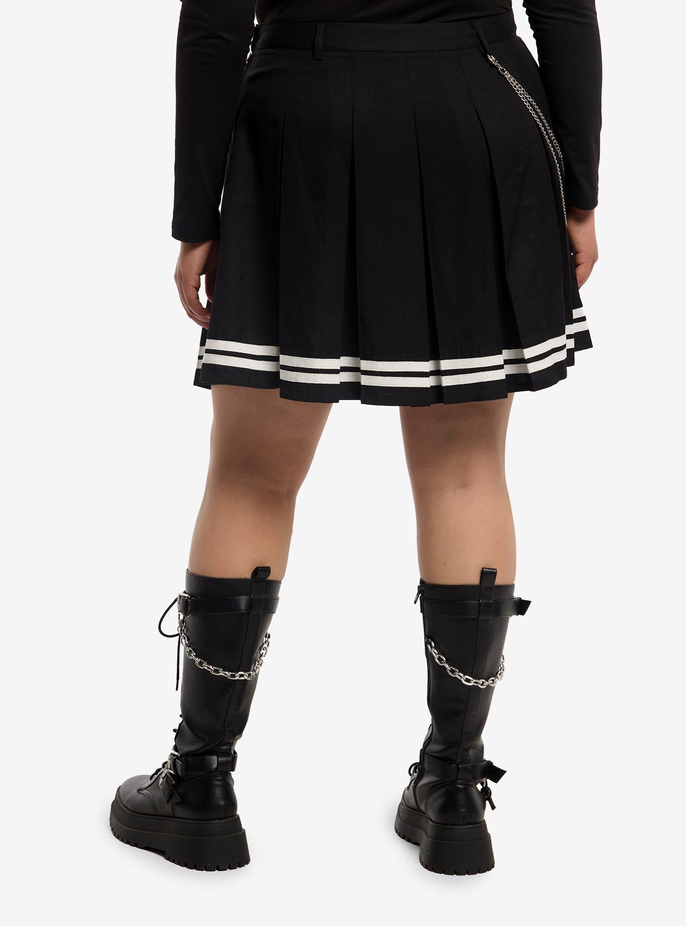 Black & White Varsity Stripe Skirt With Chain Plus Size, , hi-res