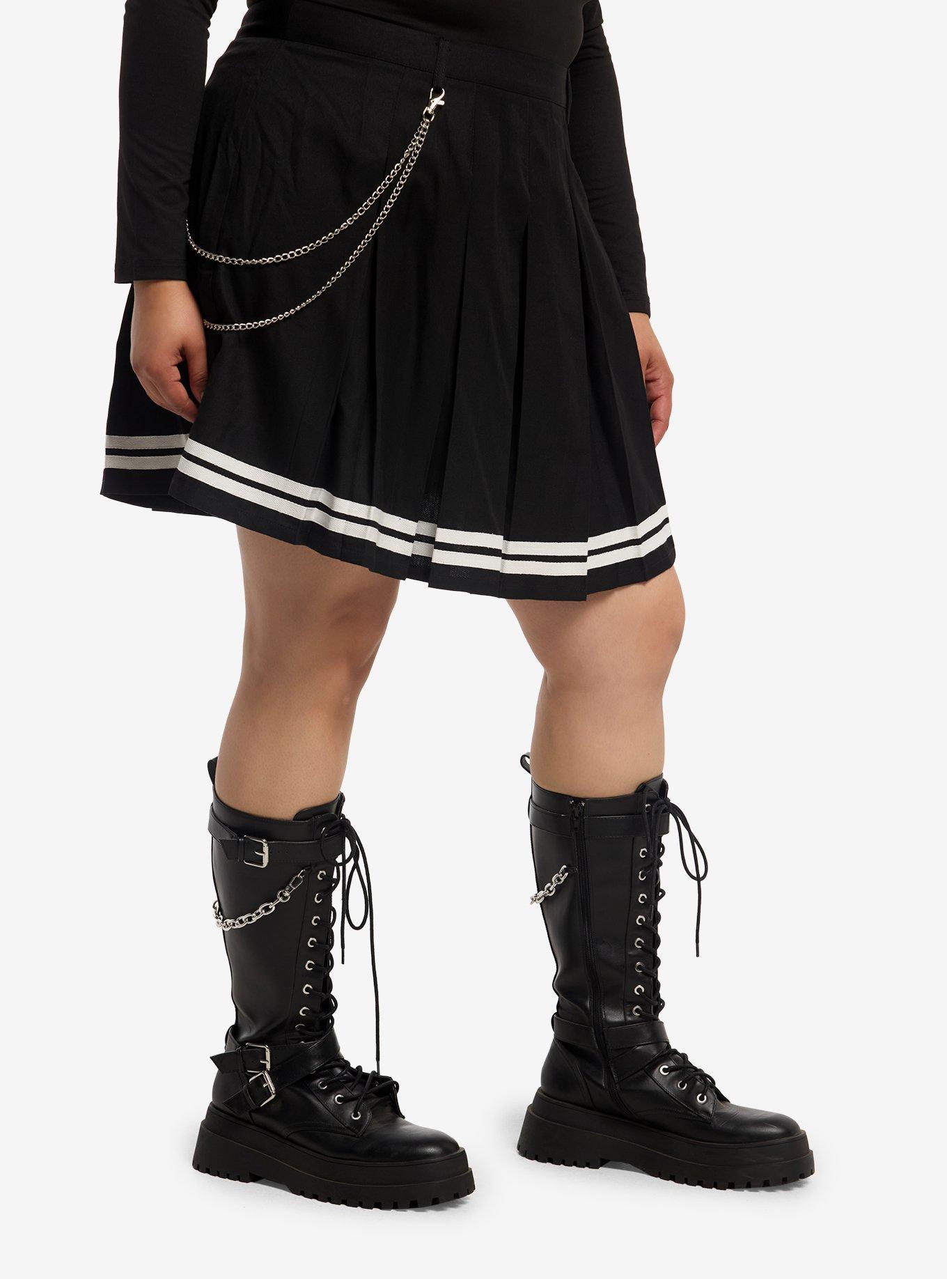 Black & White Varsity Stripe Skirt With Chain Plus Size, MULTI, alternate