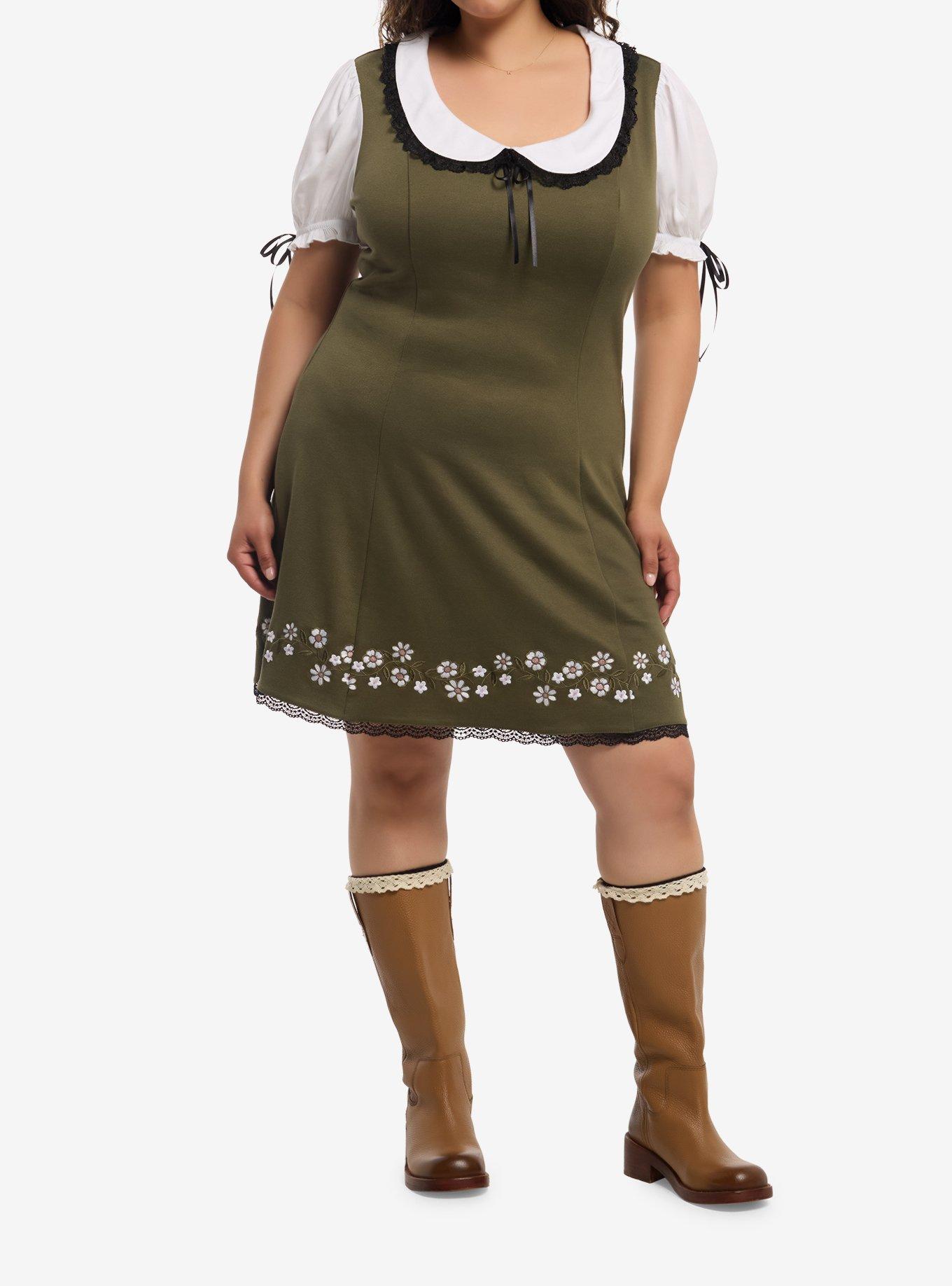 Thorn & Fable Olive Floral Collared Dress Plus Size, , hi-res